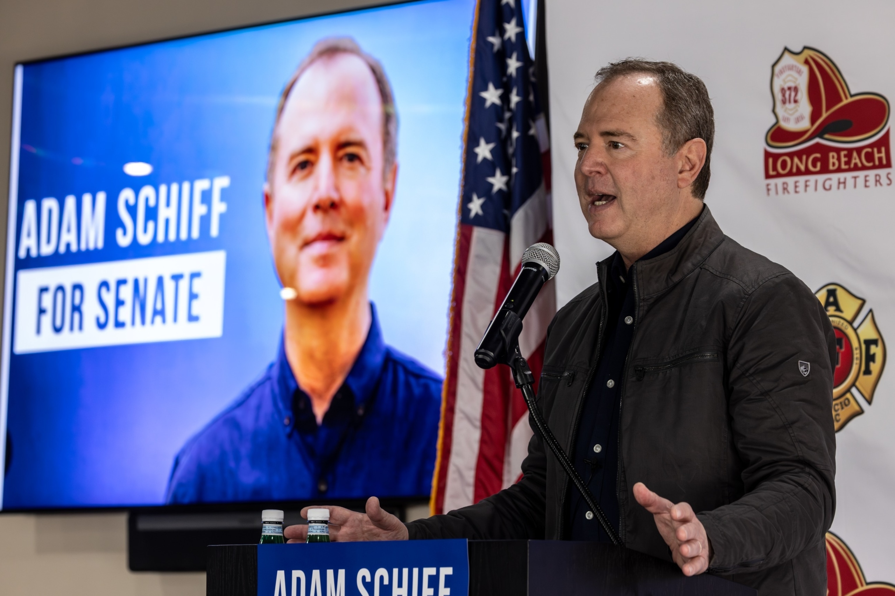 PHOTO: Senate Candidate Rep. Adam Schiff campaigns at Long Beach Firefighters Association Local 372 hall, in Signal Hills, Ca., Feb. 3, 2024.