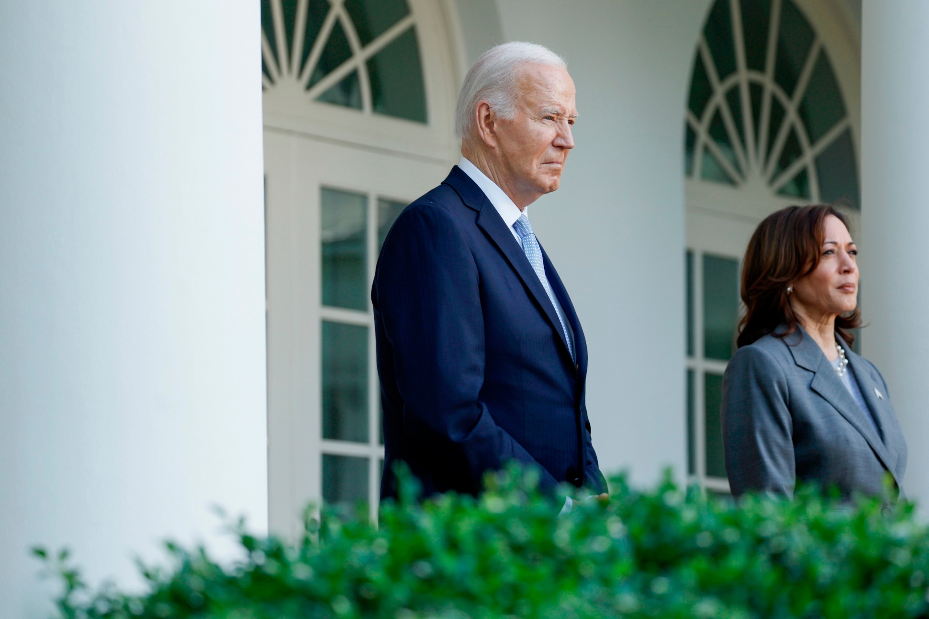 PHOTO: President Joe Biden and Vice President Kamala Harris listen as  Second gentleman Doug Emhoff  speaks at an event celebrating Jewish American Heritage Month in the Rose Garden of the White House on May 20, 2024 in Washington, DC.