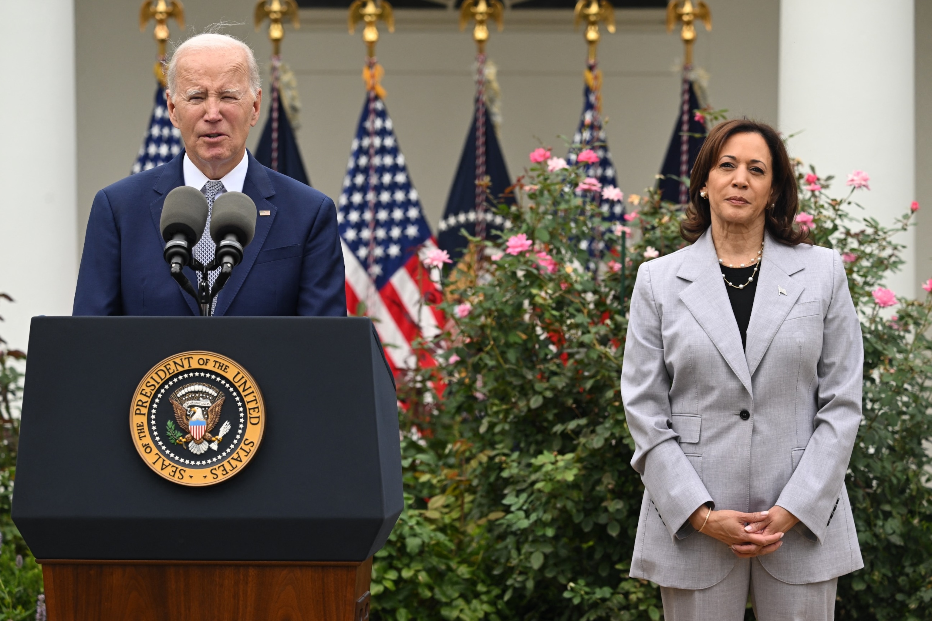 PHOTO: President Joe Biden, with Vice President Kamala Harris, announces the White House Office of Gun Violence Prevention, in the Rose Garden of the White House in Washington, DC, Sept. 22, 2023.