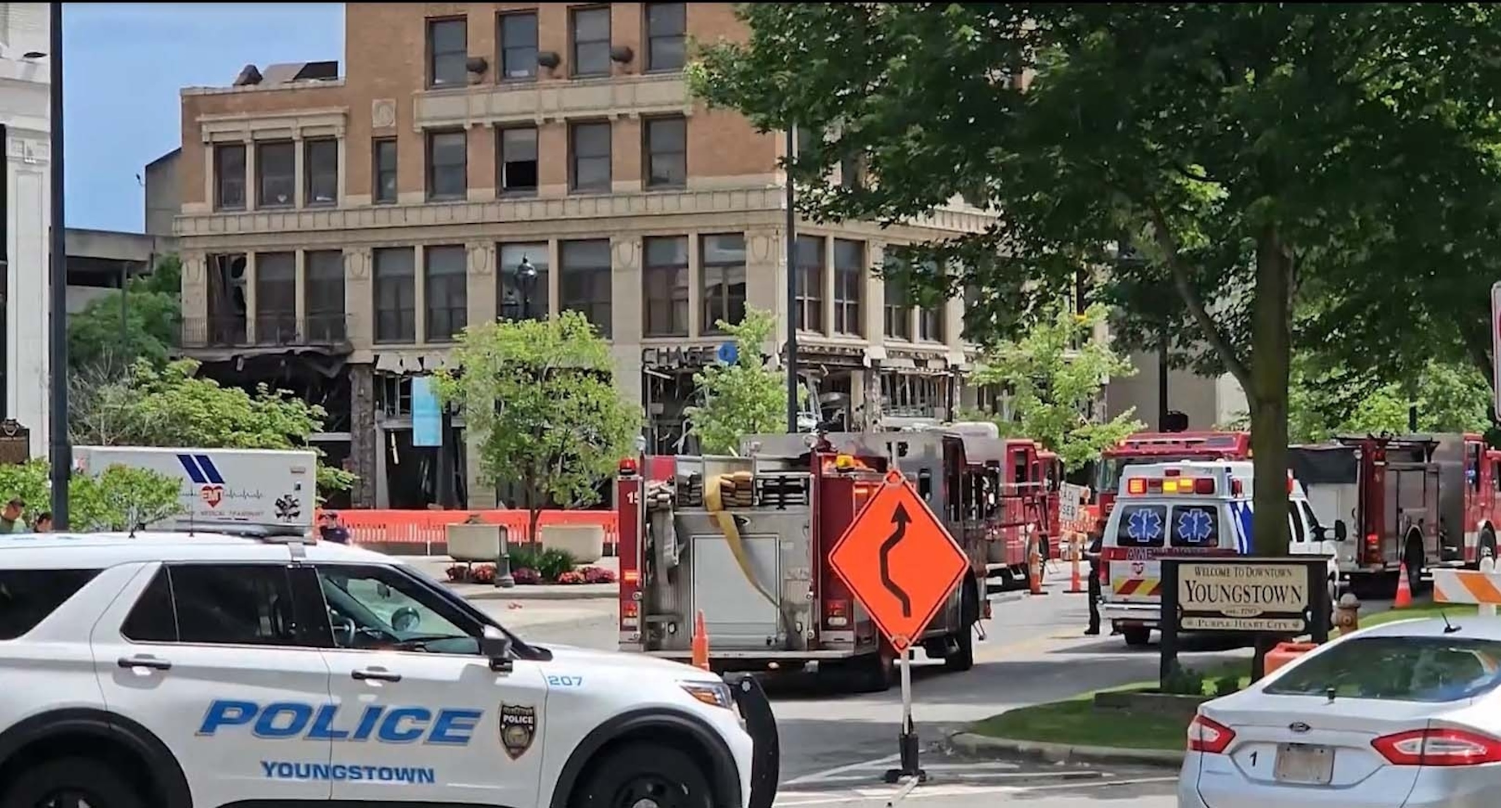 PHOTO: In this screen grab from a video, first responders are on the scene after an explosion in Youngstown, Ohio, on May 28, 2024.