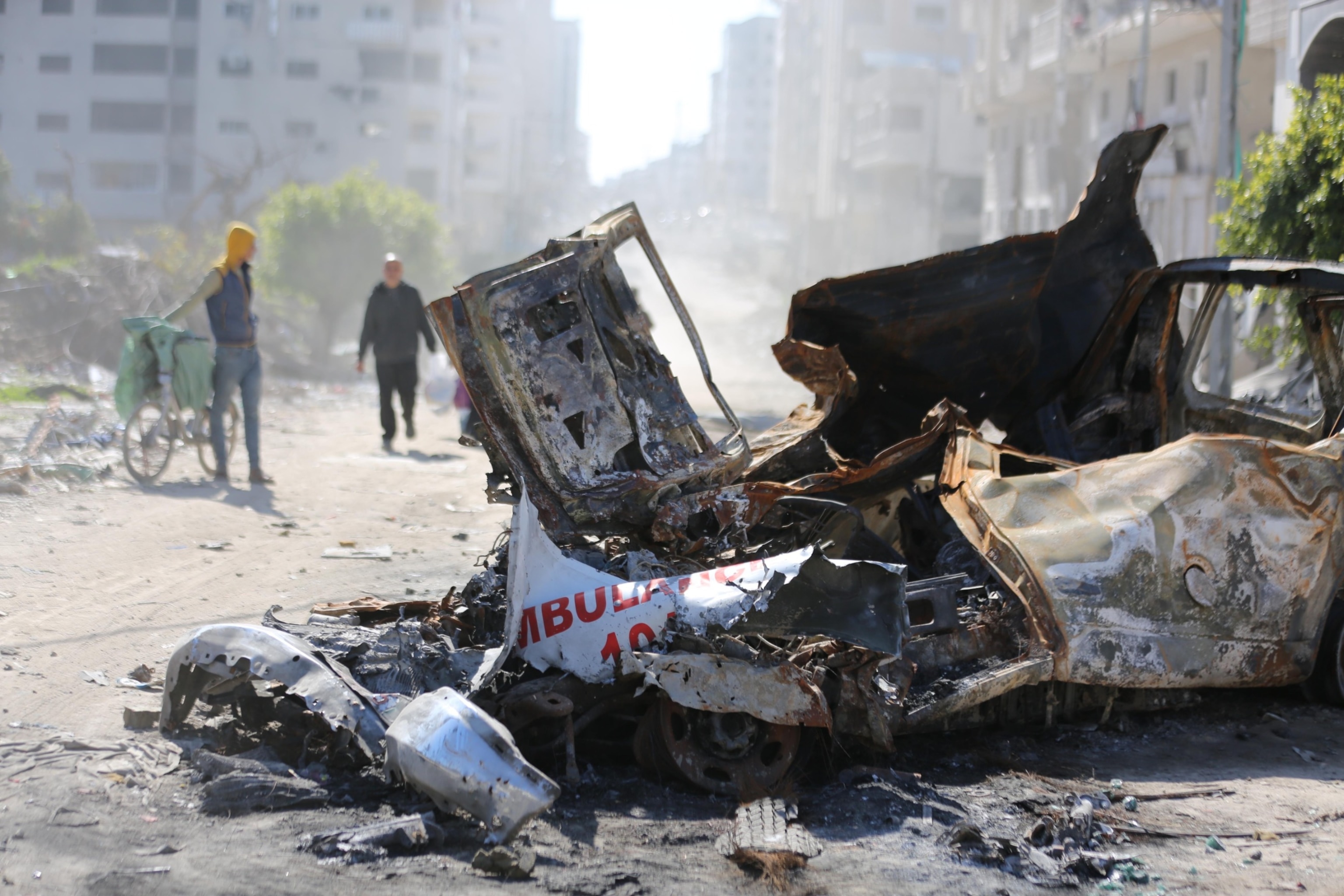 PHOTO: A view of the heavy damaged ambulance going to aid Rajab family, which was targeted by Israeli forces and became unusable, Tel al-Hawa neighborhood of Gaza City, Gaza, Feb. 10, 2024. 