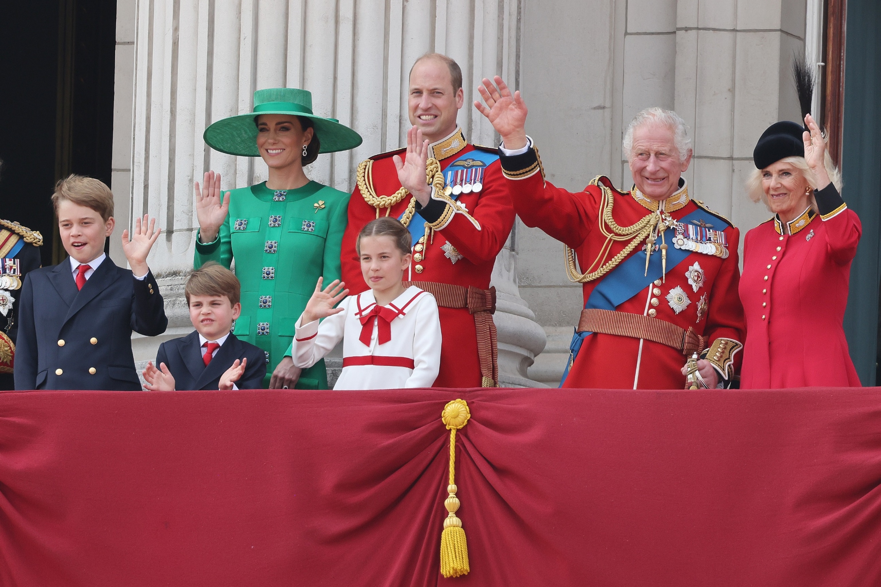 PHOTO: Prince George, Prince Louis, Princess Charlotte, Catherine, Princess of Wales, Prince William, Prince of Wales, King Charles III and Queen Camilla stand on the balcony of Buckingham Palace during the Trooping the Color, June 17, 2023, in London.