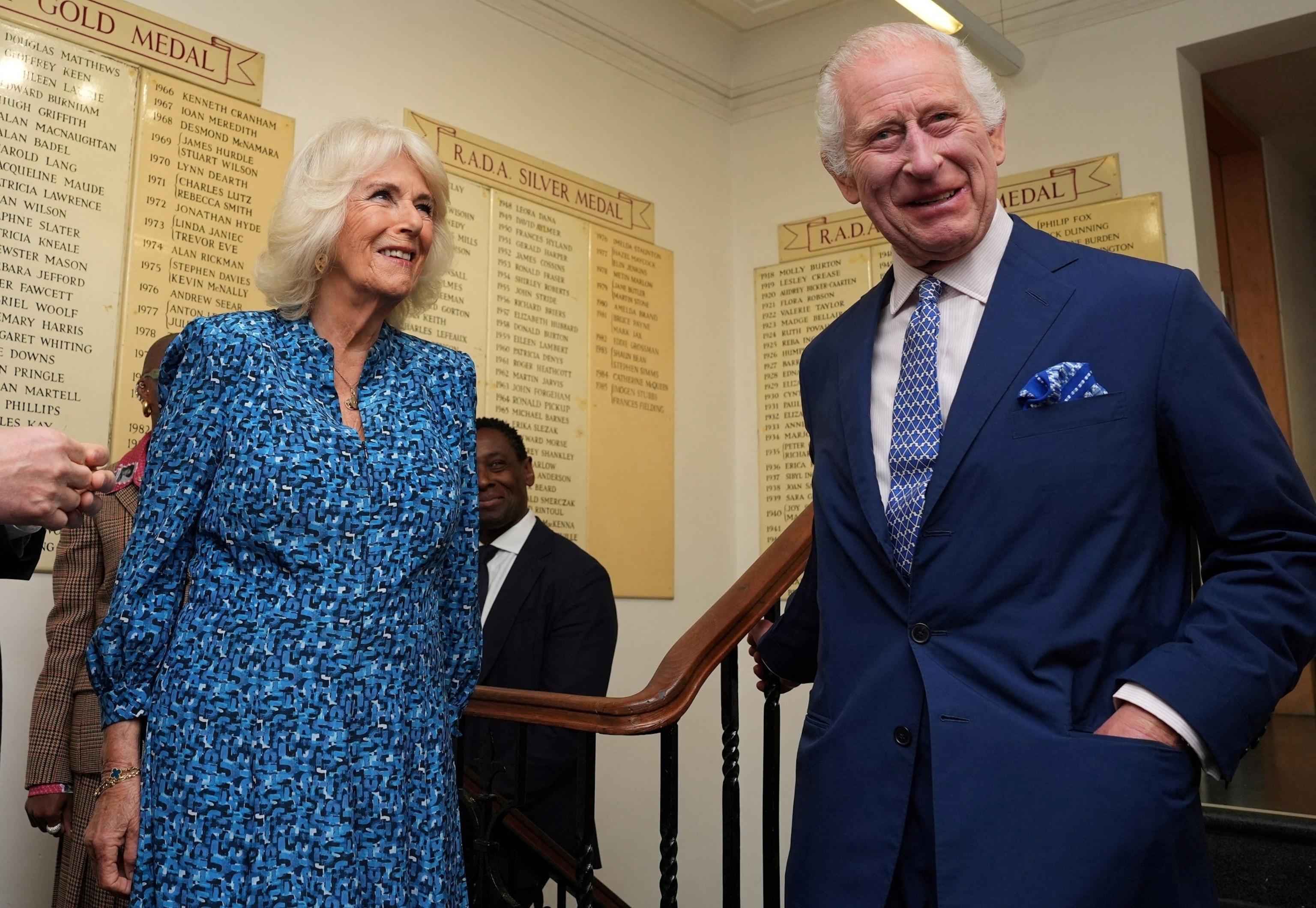 PHOTO: Britain's King Charles, Patron of the Royal Academy of Dramatic Art and Queen Camilla visit RADA in London, May 29, 2024. 