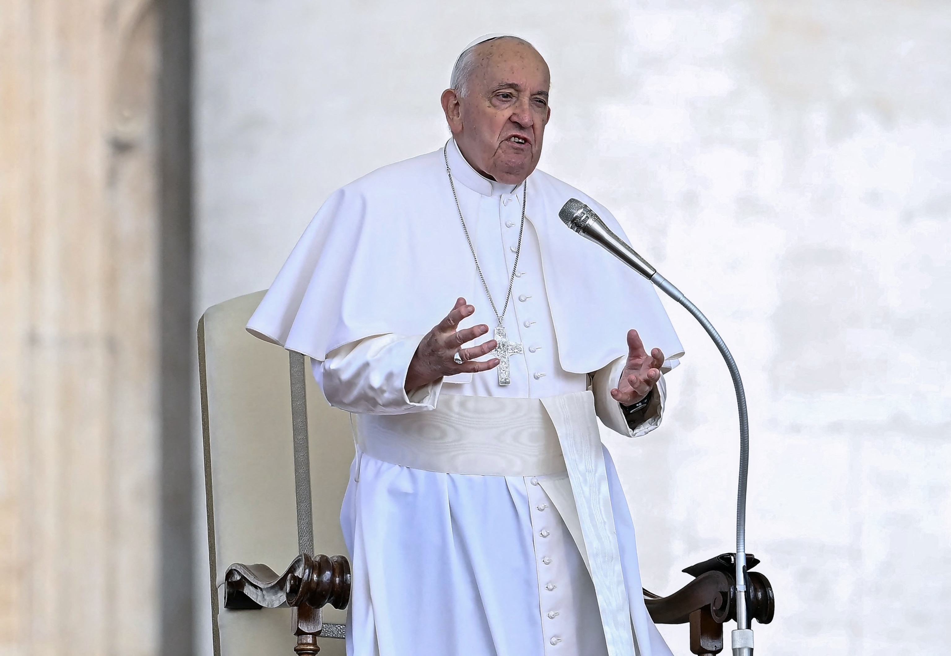 PHOTO: Pope Francis addresses pilgrims during his weekly general audience in St. Peter's Square at the Vatican May 22, 2024.