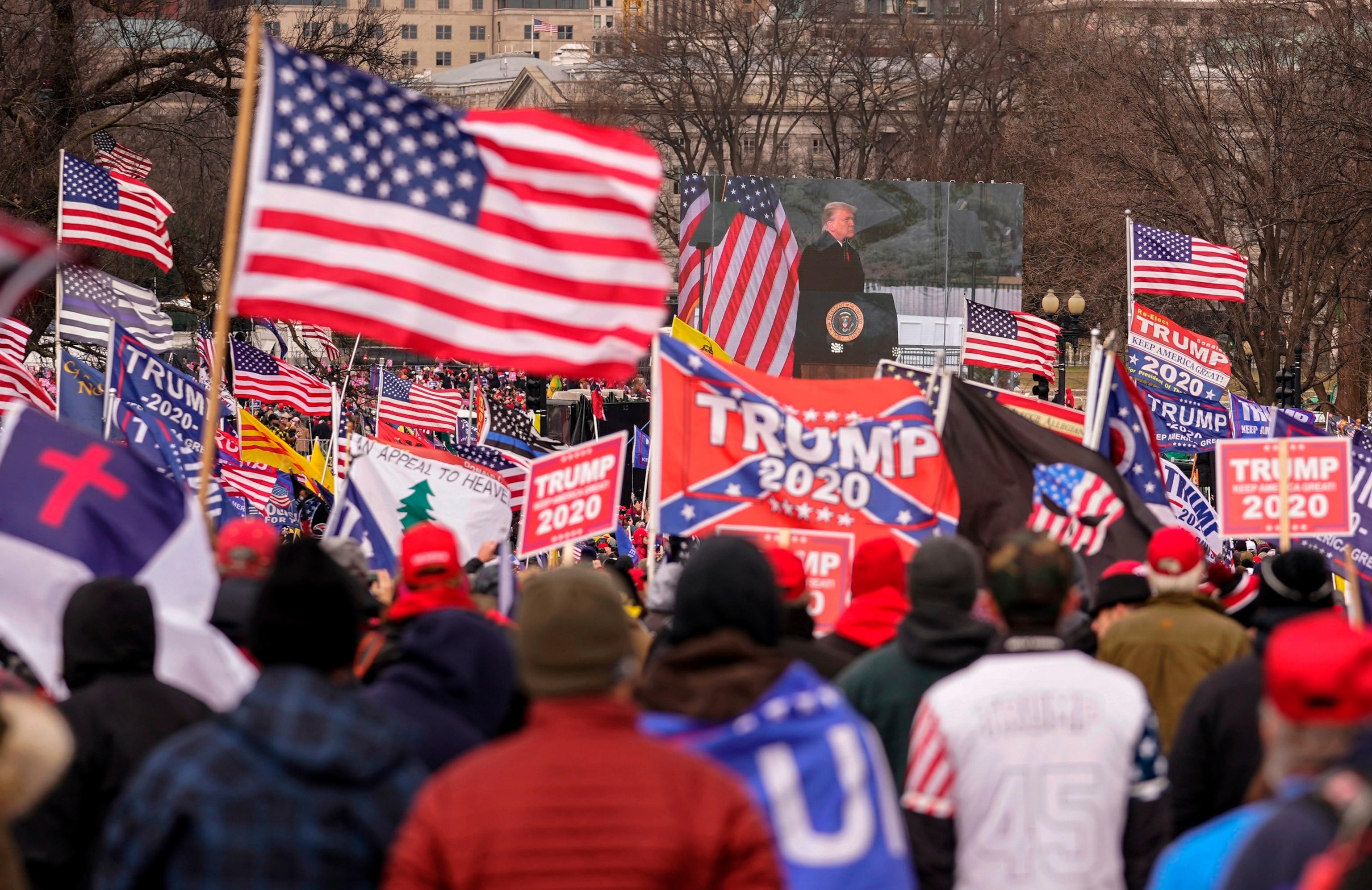 PHOTO: An Appeal To Heaven flag, center left, is pictured as people attend a rally in Washington, Jan. 6, 2021, in support of President Donald Trump. 