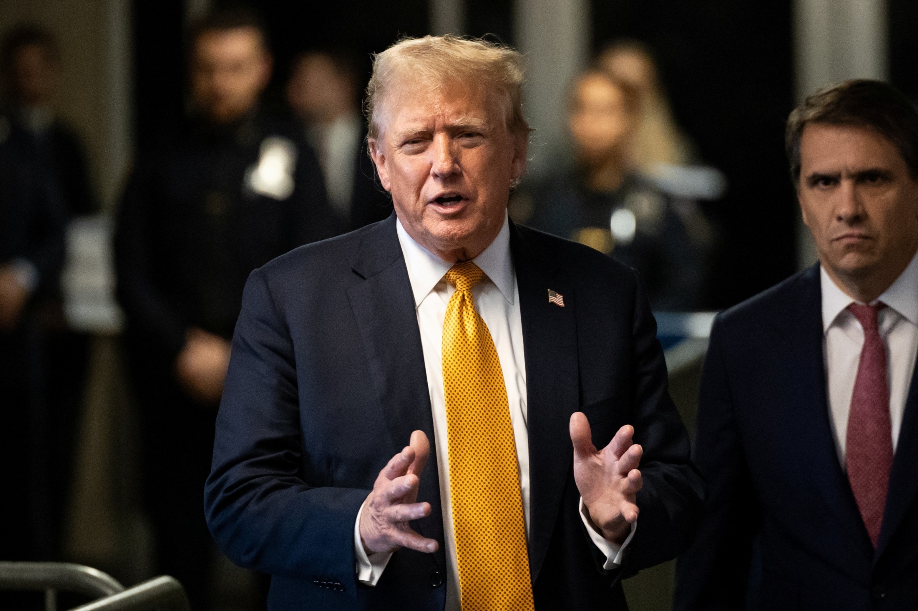 PHOTO: Former President Donald Trump speak to members of the media at Manhattan criminal court in New York, May 29, 2024.