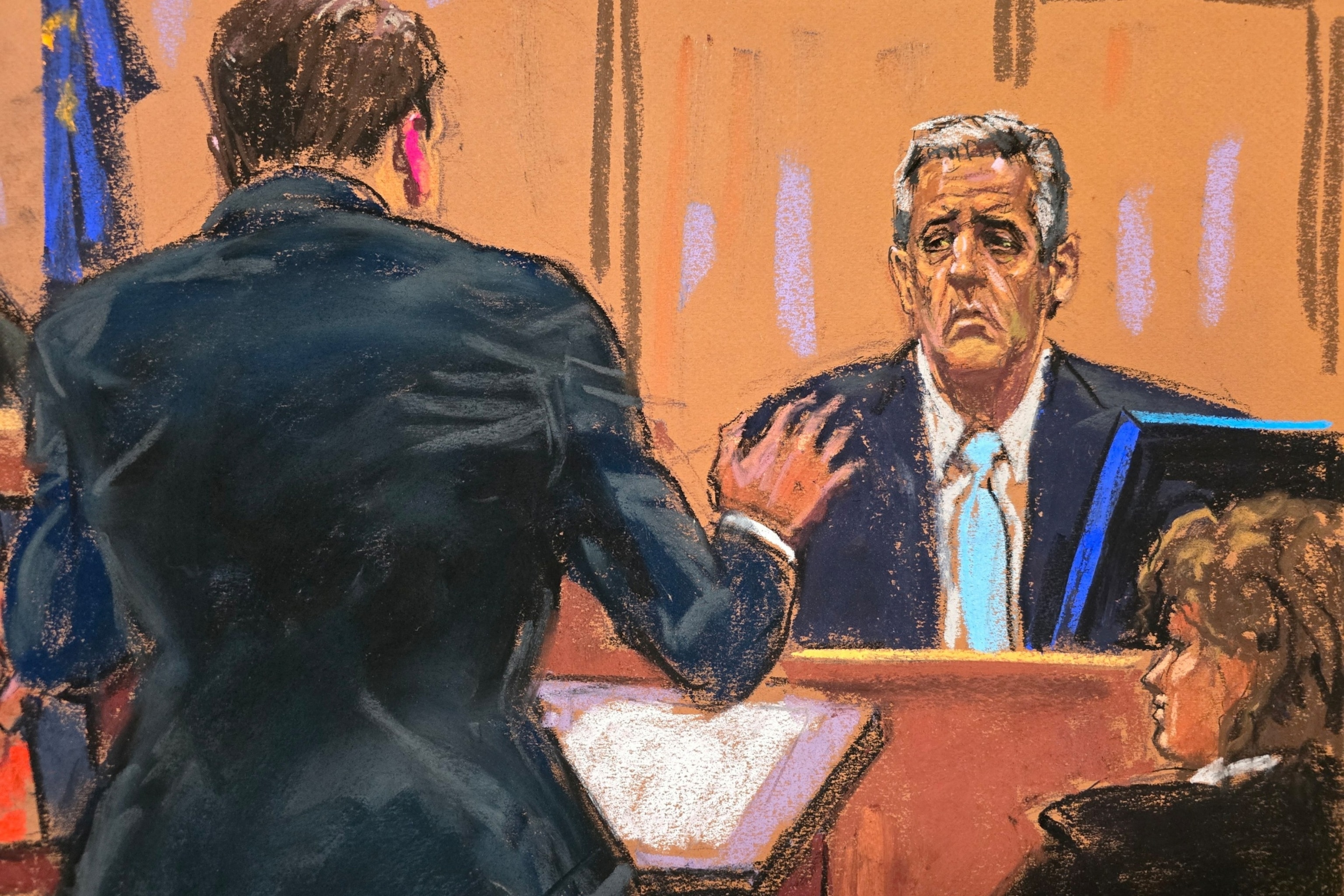 PHOTO: Michael Cohen is cross examined by defense lawyer Todd Blanche before Justice Juan Merchan, as former President Donald Trump watches during Trump's trial in Manhattan state court in New York City, May 14, 2024, in this courtroom sketch.

