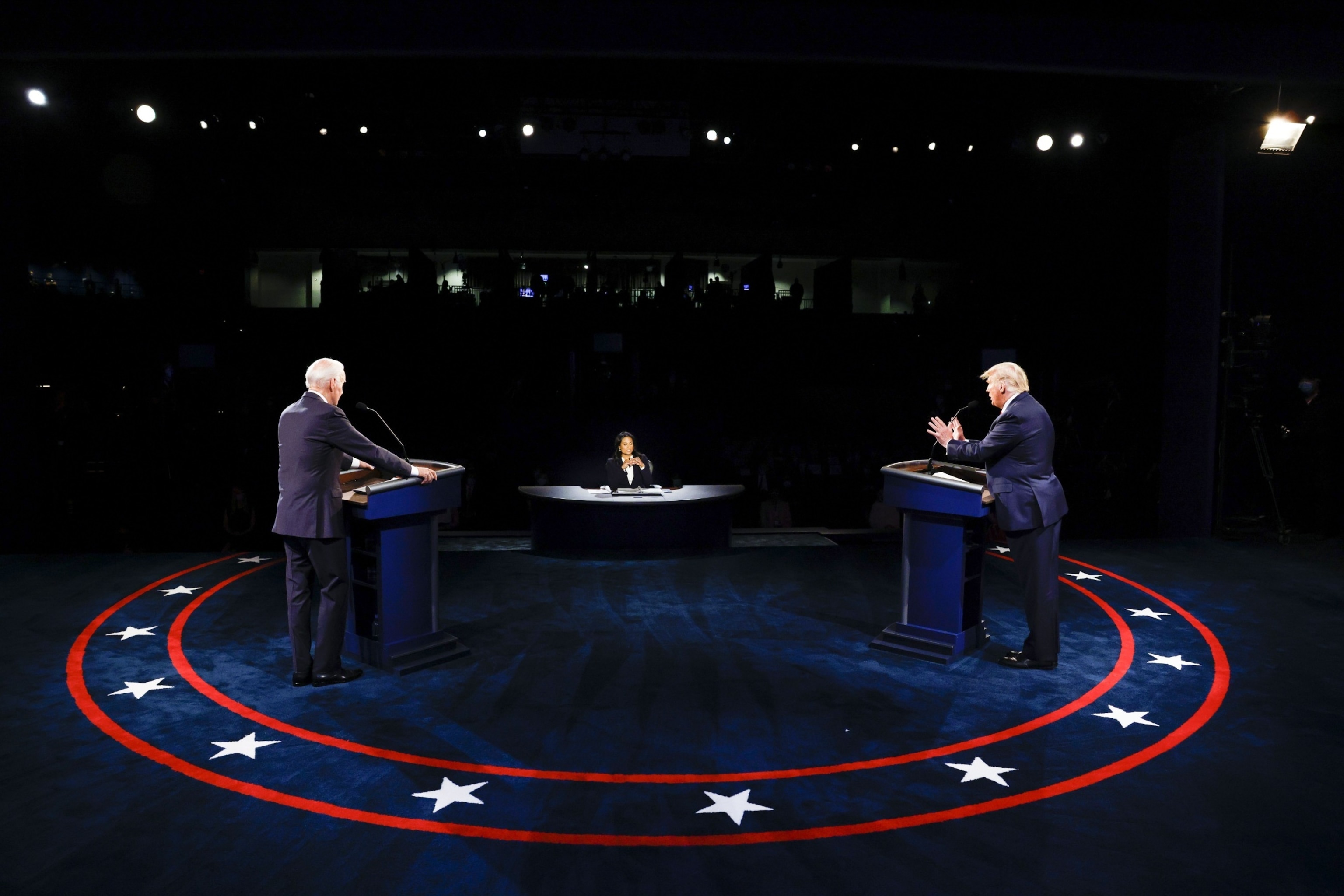 PHOTO: In this Oct. 22, 2020 file photo President Donald Trump speaks as Joe Biden, 2020 Democratic presidential nominee, left, listens during the presidential debate at Belmont University in Nashville, Tenn.