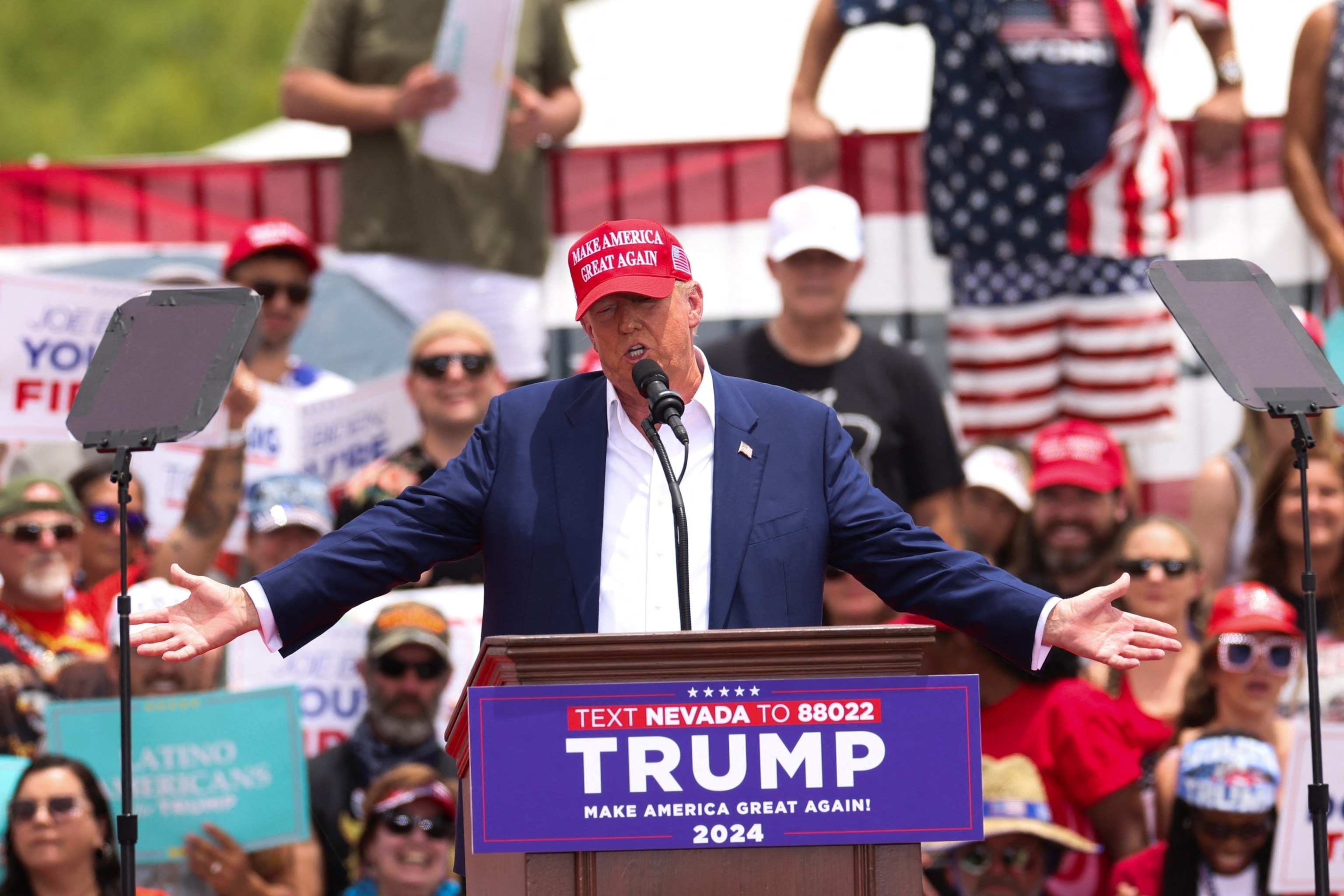 PHOTO: Republican presidential candidate and former U.S. President Donald Trump speaks during a campaign event, in Las Vegas, June 9, 2024.