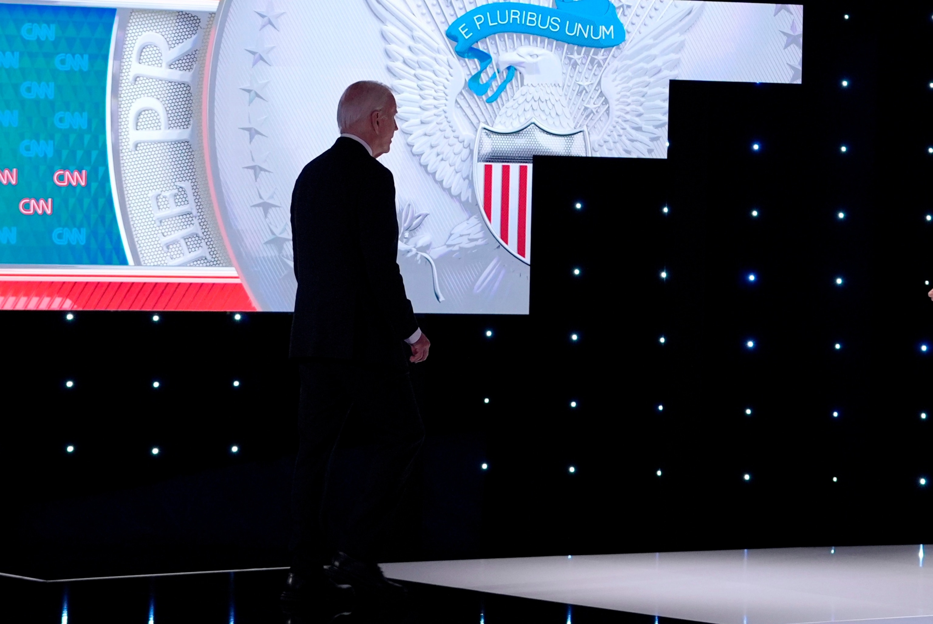 PHOTO: President Joe Biden walks off stage during the break of a presidential debate with Republican presidential candidate former President Donald Trump hosted by CNN, June 27, 2024, in Atlanta.
