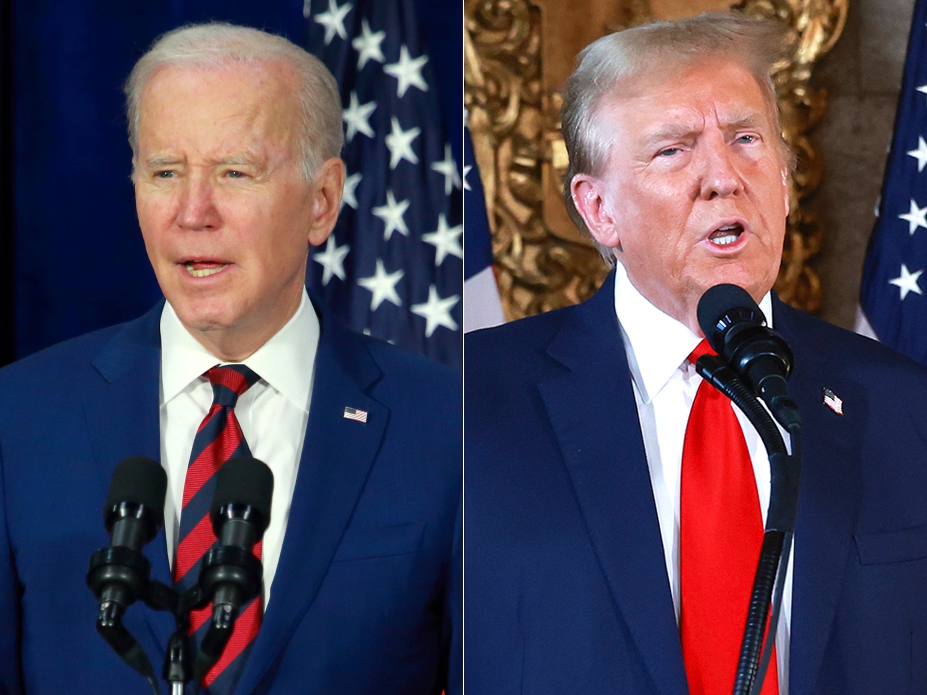 PHOTO: President Joe Biden delivers remarks on reducing gun violence, on March 14, 2023, in Monterey Park, Calif. | Republican presidential candidate Donald Trump holds a press conference at the Mar-a-Lago estate, on April 12, 2024, in Palm Beach, Fla.