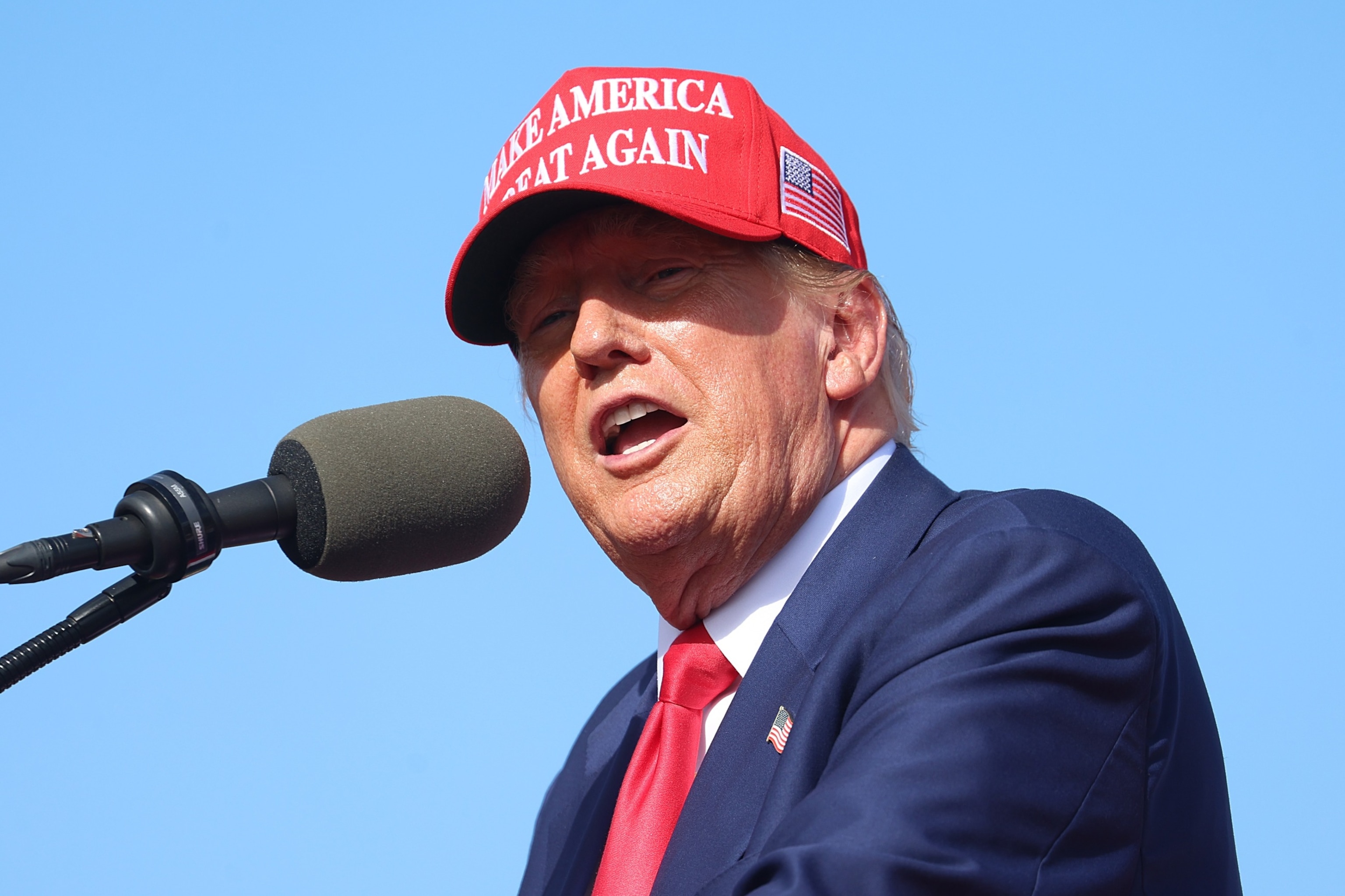 PHOTO: Republican presidential candidate former President Donald Trump speaks during a rally at Festival Park, June 18, 2024, in Racine, Wis.