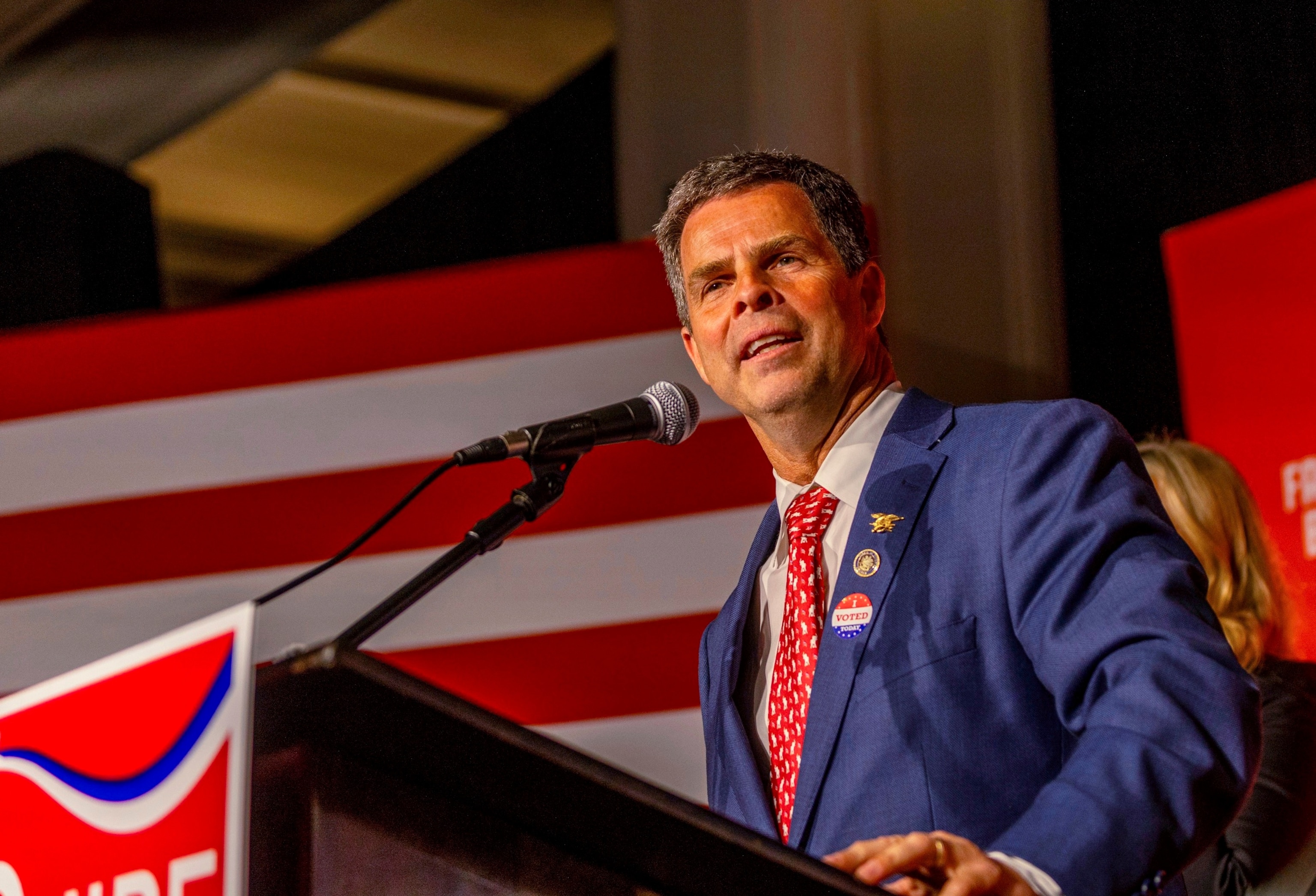 PHOTO: Virginia state Sen. John McGuire, a candidate in the Republican primary for the state's 5th Congressional District, speaks to supporters, June 18, 2024, in Lynchburg, Va.