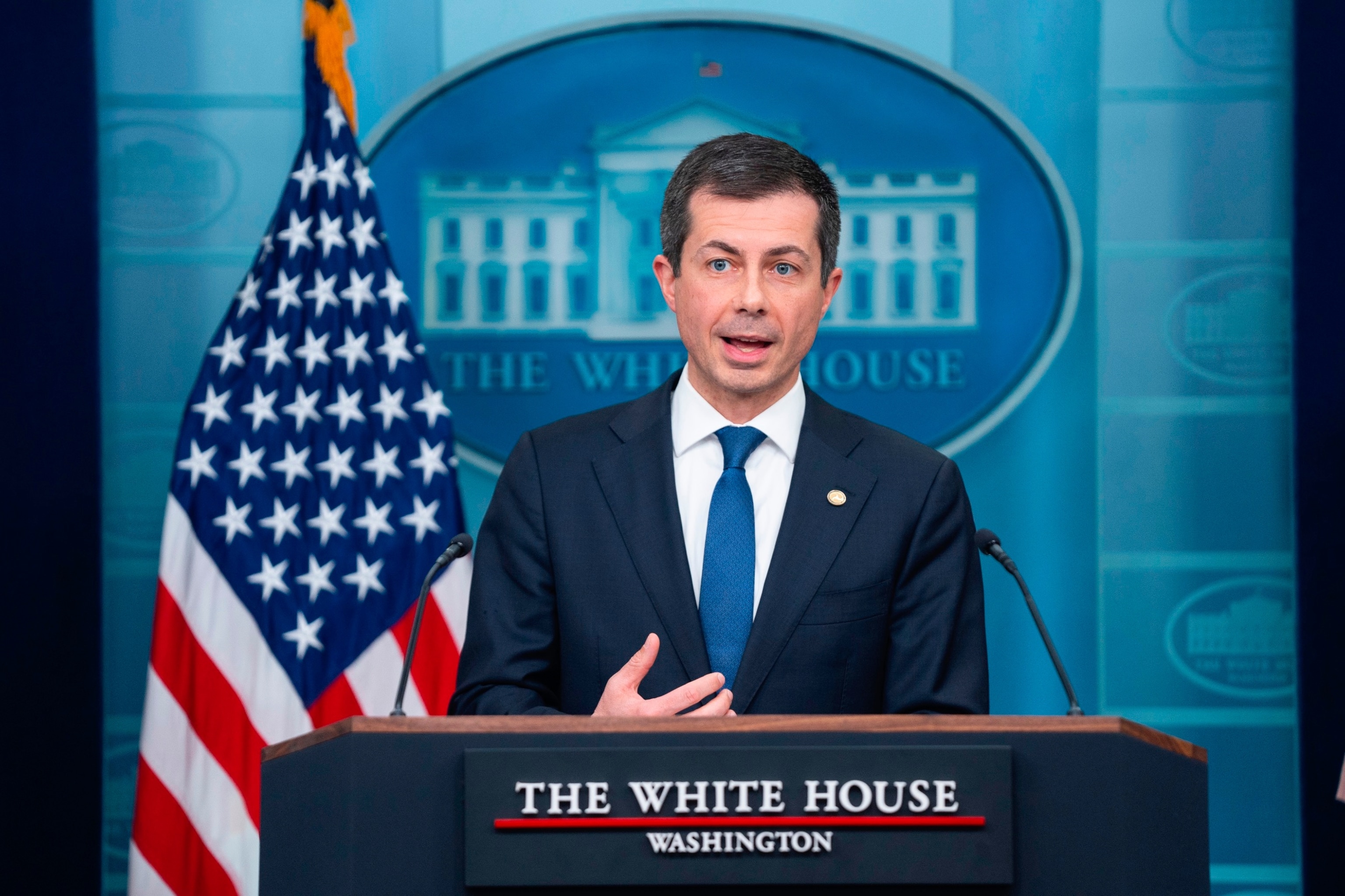 PHOTO: Transportation Secretary Pete Buttigieg speaks during a press briefing at the White House, March 27, 2024, in Washington.