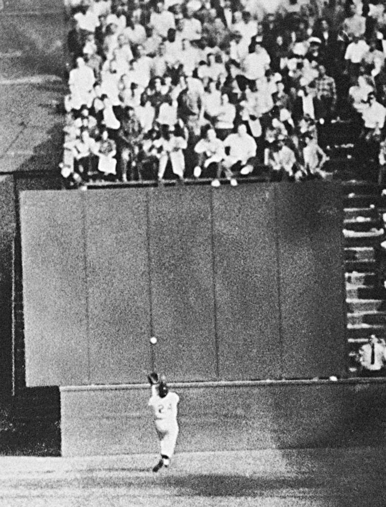 PHOTO: In this Sept. 29, 1954, file photo, New York Giants center fielder Willie Mays gets under a 450-foot blast by Cleveland's Vic Wertz to pull the ball down in the eighth inning of Game 1 of the World Series at the Polo Grounds in New York.