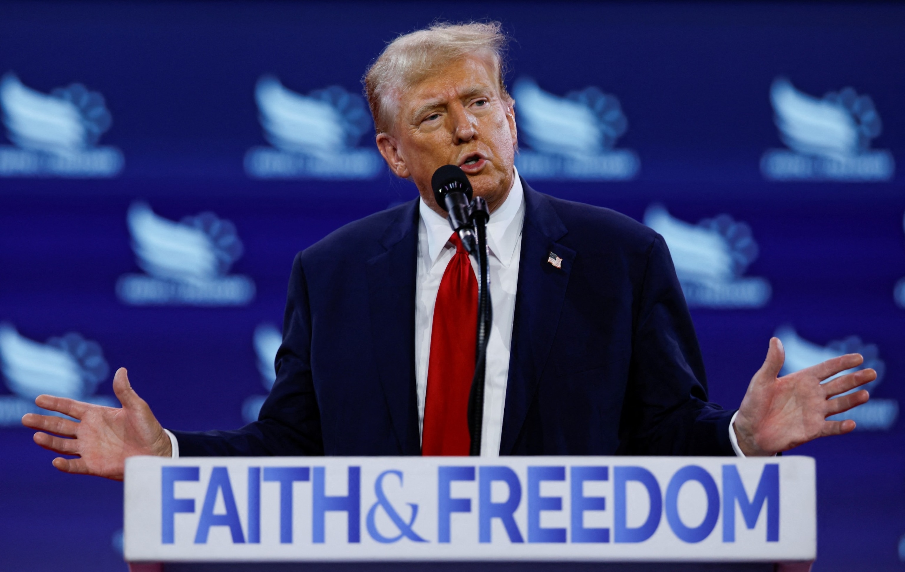 PHOTO: Former U.S. President and Republican presidential candidate Donald Trump speaks at the Faith and Freedom Coalition's 'Road to Majority' policy conference in Washington, June 22, 2024.