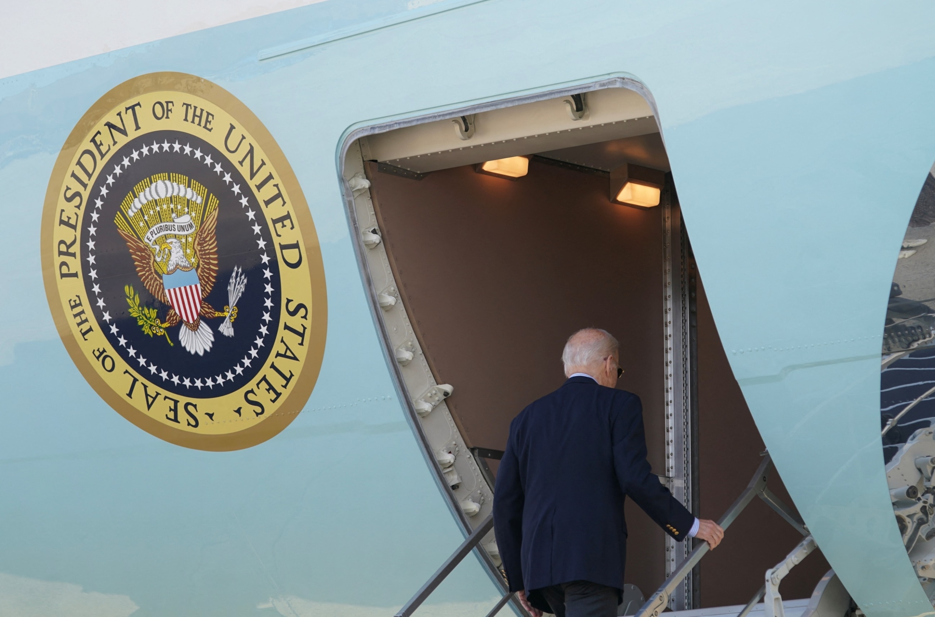 PHOTO: President Joe Biden boards Air Force One as he departs for the G7 summit in Italy, from Joint Base Andrews in Maryland, June 12, 2024.  