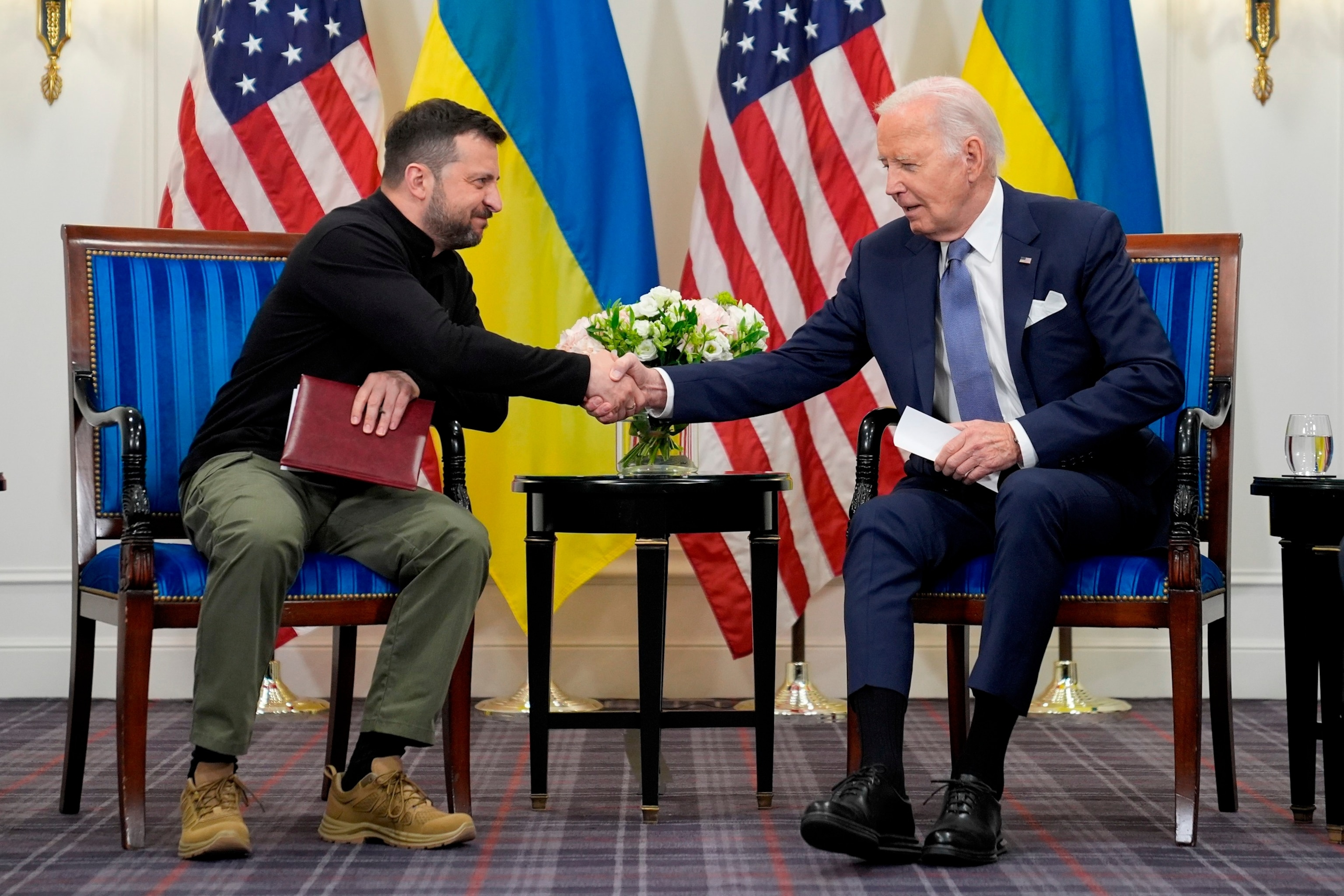 PHOTO: President Joe Biden shakes hands with Ukrainian President Volodymyr Zelenskyy in Paris, June 7, 2024. 