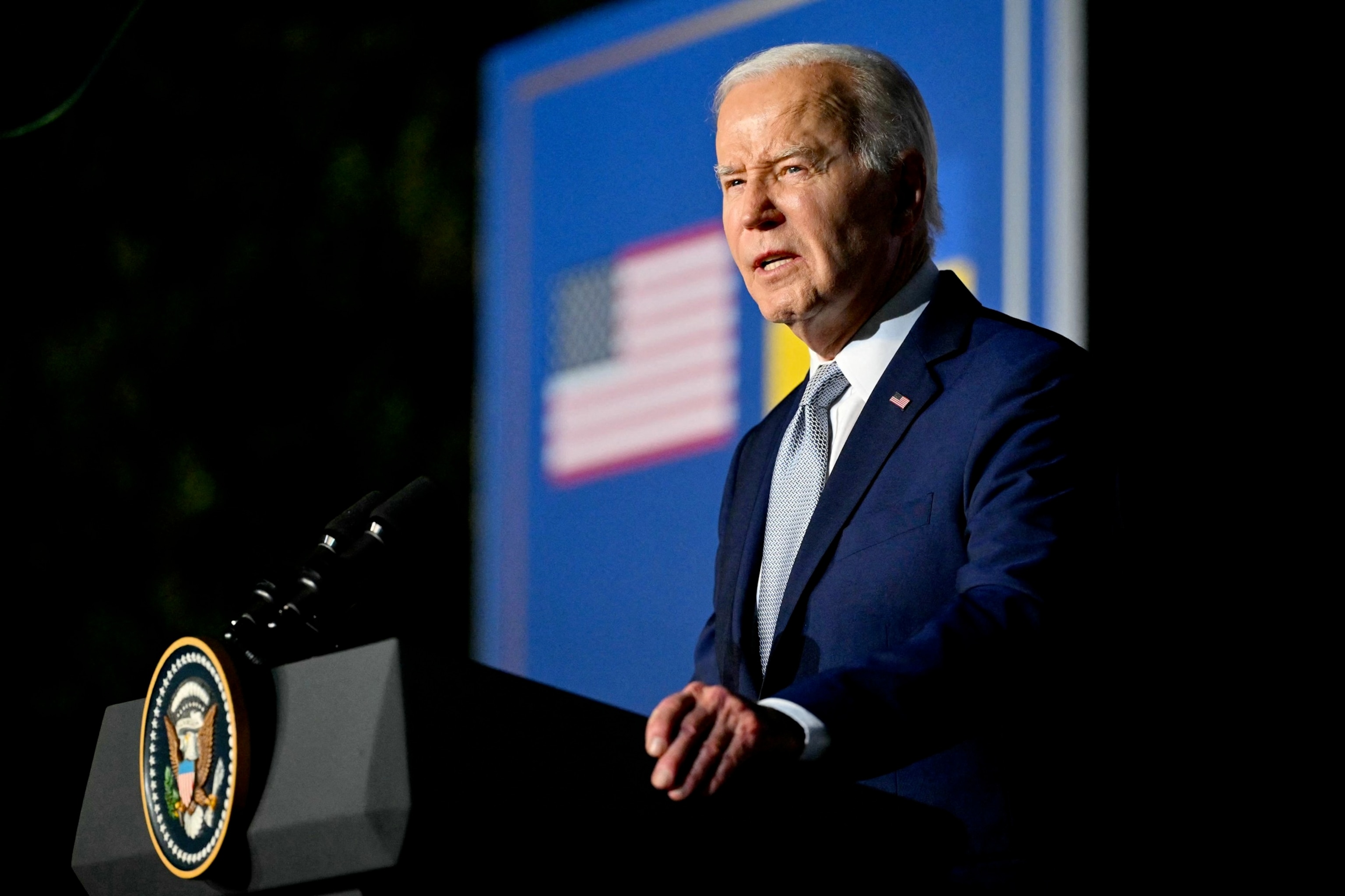 PHOTO: President Joe Biden speaks during a press conference with Ukrainian President Volodymyr Zelensky at the Masseria San Domenico on the sidelines of the G7 Summit hosted by Italy in Apulia region, on June 13, 2024.