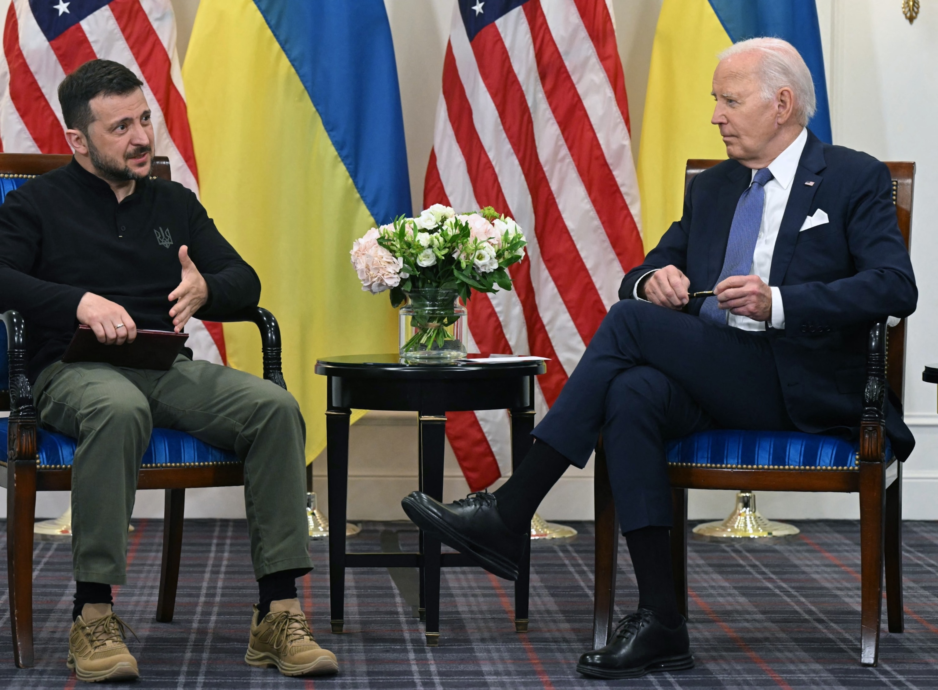 PHOTO: Ukraine's President Volodymyr Zelenskyy and President Joe Biden hold a bilateral meeting at the Intercontinental Hotel in Paris, on June 7, 2024.