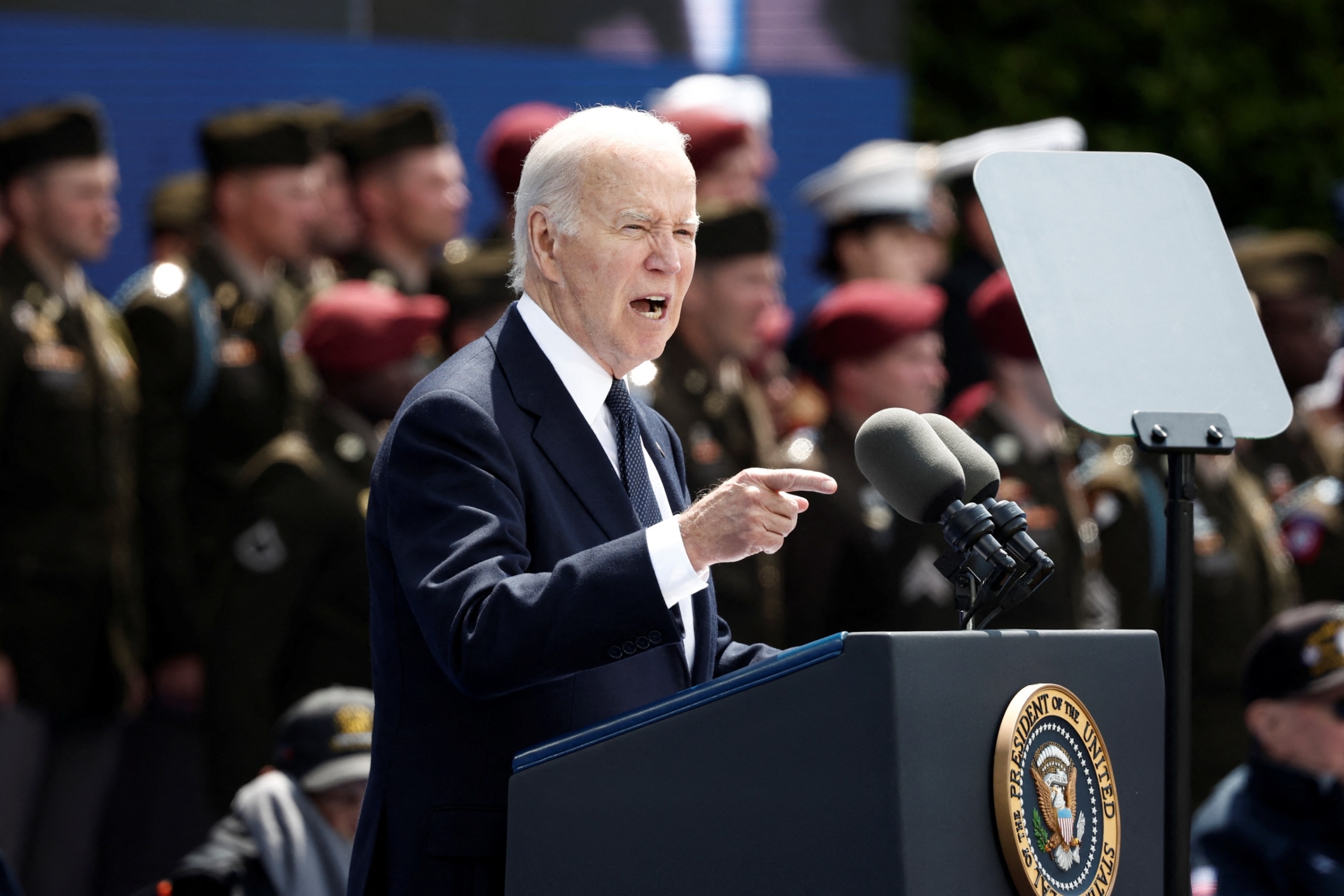 PHOTO: President Joe Biden attends a ceremony to mark the 80th anniversary of D-Day at the Normandy American Cemetery and Memorial in Colleville-sur-Mer, France, June 6, 2024. 