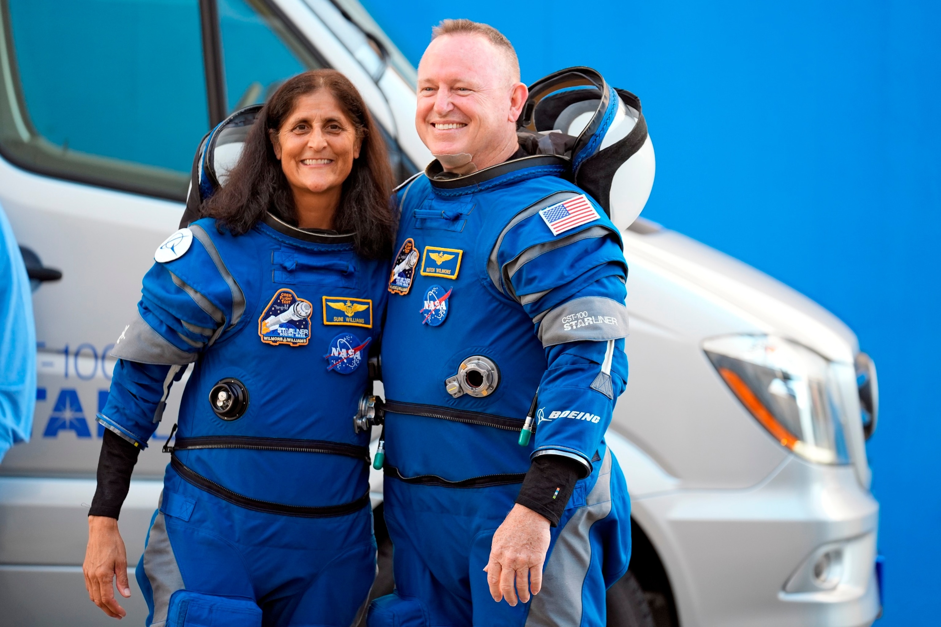 PHOTO: NASA astronauts Suni Williams and Butch Wilmore pose for a photo after leaving the operations and checkout building for a trip to launch pad at Space Launch Complex 41, June 5, 2024, in Cape Canaveral, Fla. 