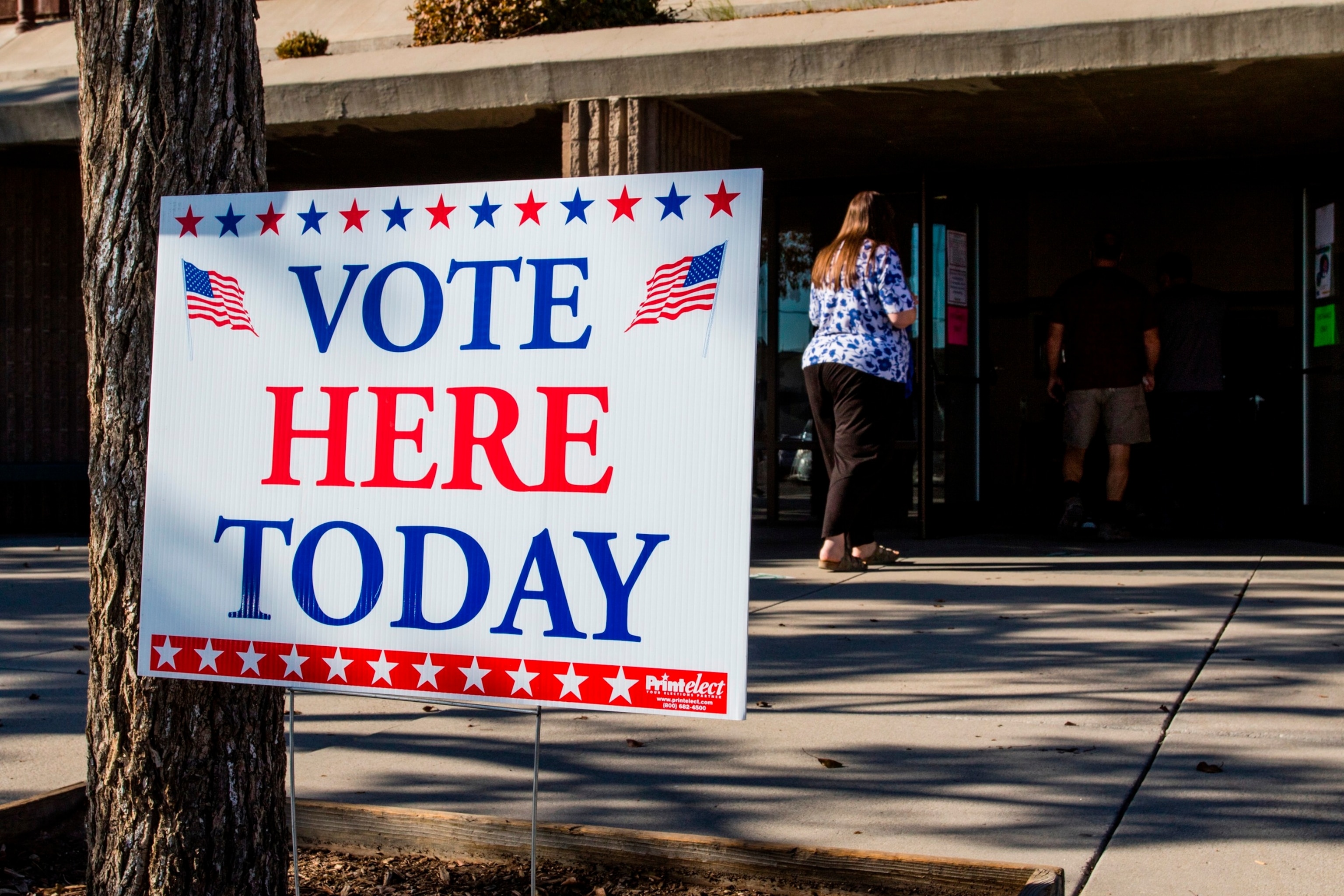 PHOTO: A "Vote Here Today" sign is seen outside a polling station, Nov. 3, 2020, in Fallon, Nev.
