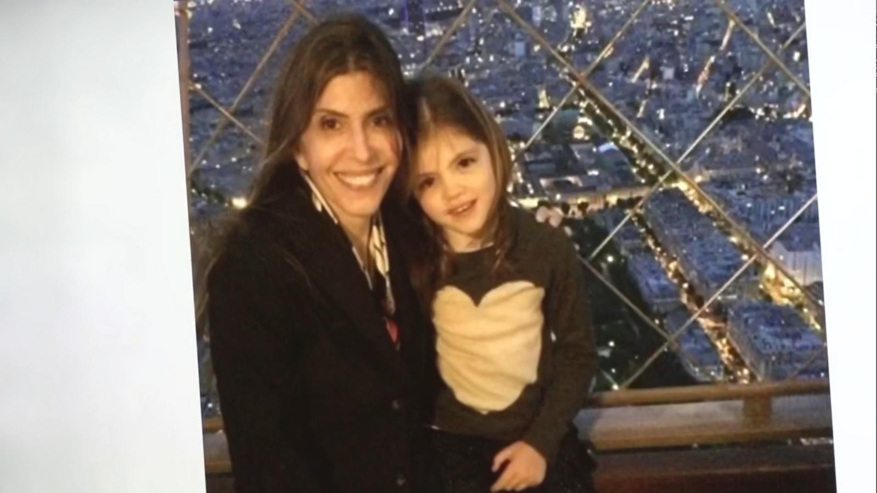 PHOTO: An undated photo of Jennifer Dulos and her daughter Christiane is shown on the screen while Christiane Dulos speaks during the sentencing for Michelle Troconis, May 31, 2024, in Stamford, Conn.