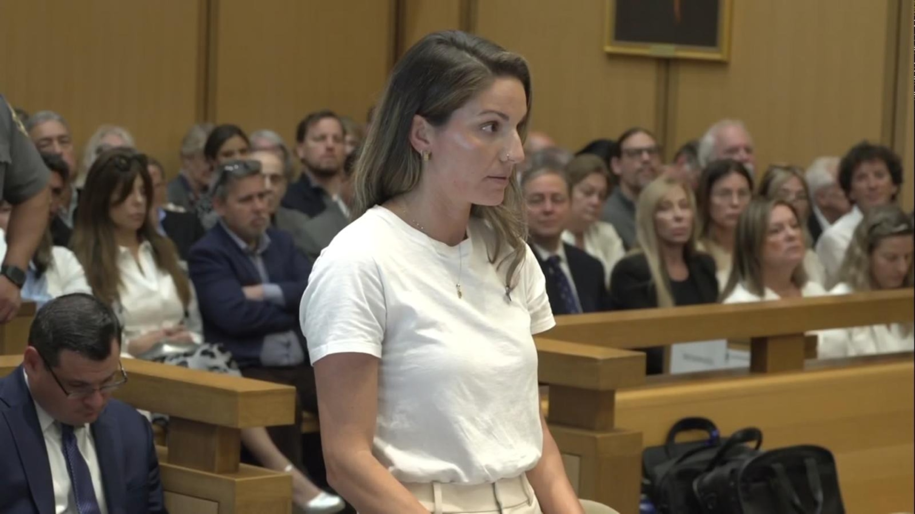 PHOTO: The Dulos family's nanny Lauren Almeida speaks during the sentencing for Michelle Troconis, May 31, 2024, in Stamford, Conn. 