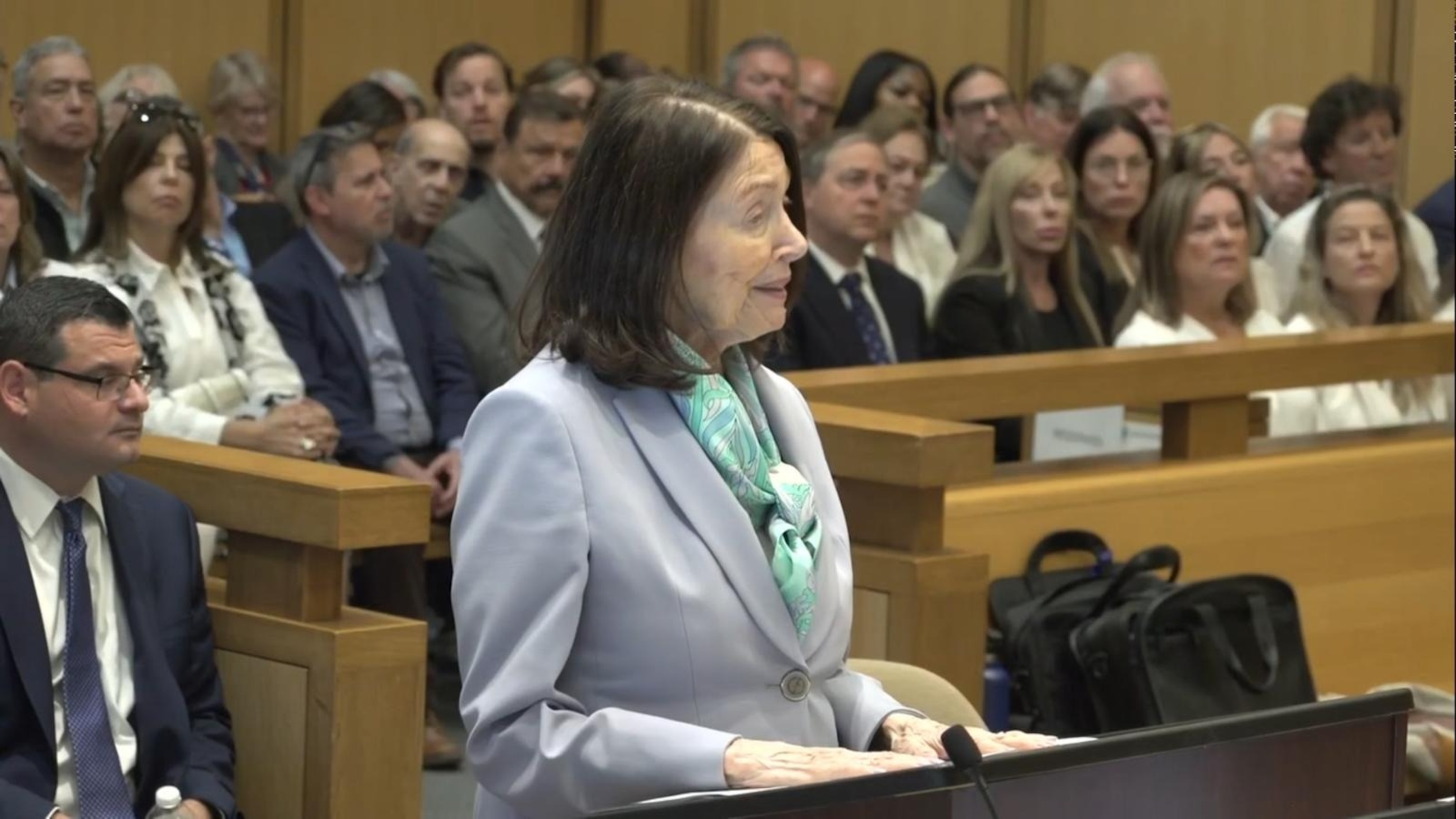 PHOTO: Gloria Farber, Jennifer Dulos' mother, speaks during the sentencing for Michelle Troconis, May 31, 2024 in Stamford, Conn.