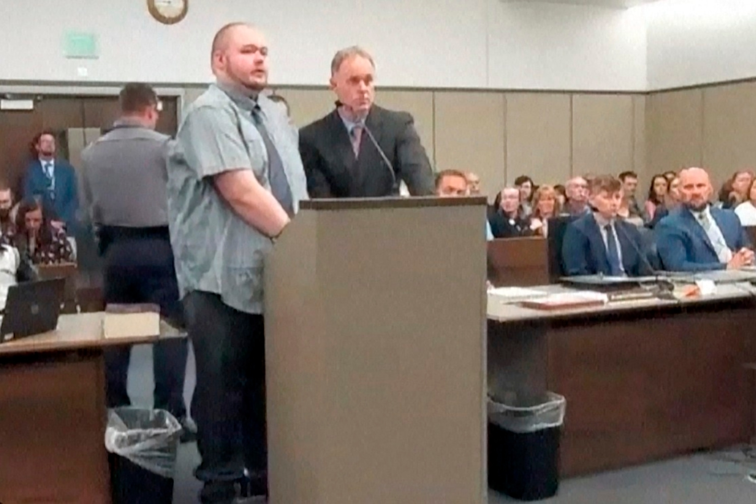 PHOTO: Anderson Lee Aldrich, left, the suspect in a mass shooting that killed five people at a Colorado Springs LGBTQ+ nightclub in 2022, appears in court, June 26, 2023, in Colorado Springs, CO,  Jan. 17, 2024.