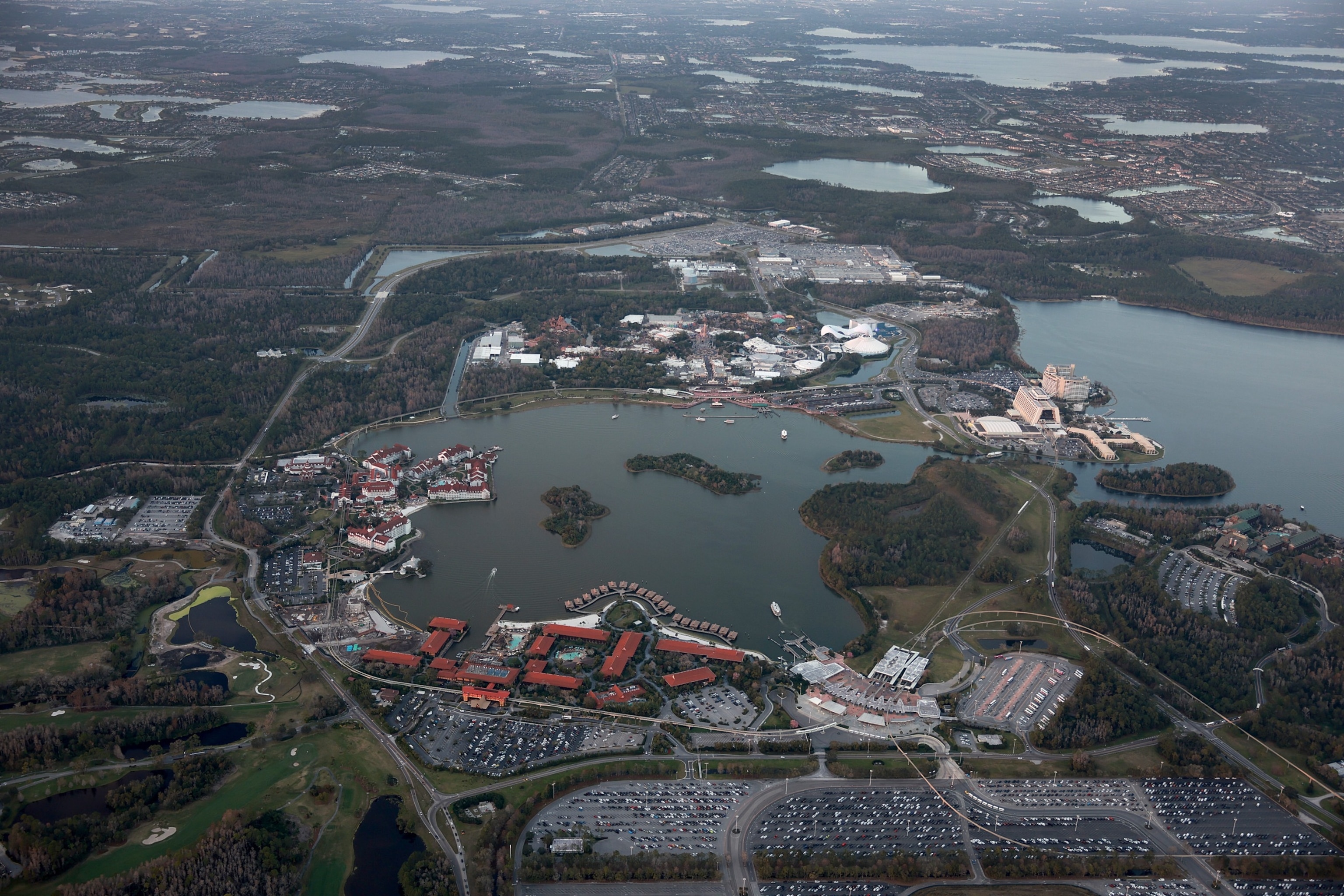 PHOTO: In an aerial view, the Walt Disney World resorts and theme park sit along the Seven Seas Lagoon on February 8, 2023 in Orlando.