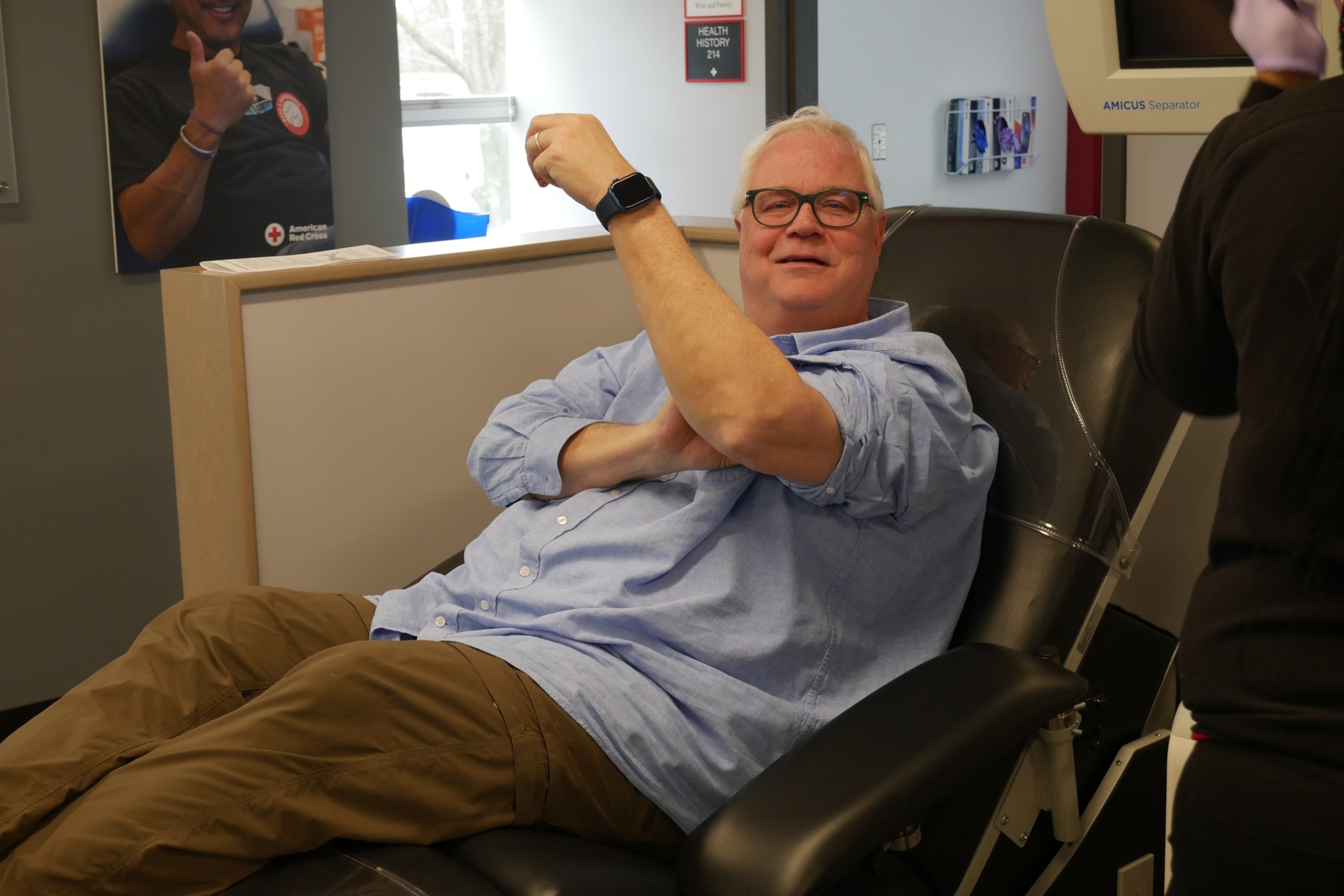 PHOTO: Burdett donates blood for the first time since 1997 in Greenwich, Connecticut, March 13, 2024.