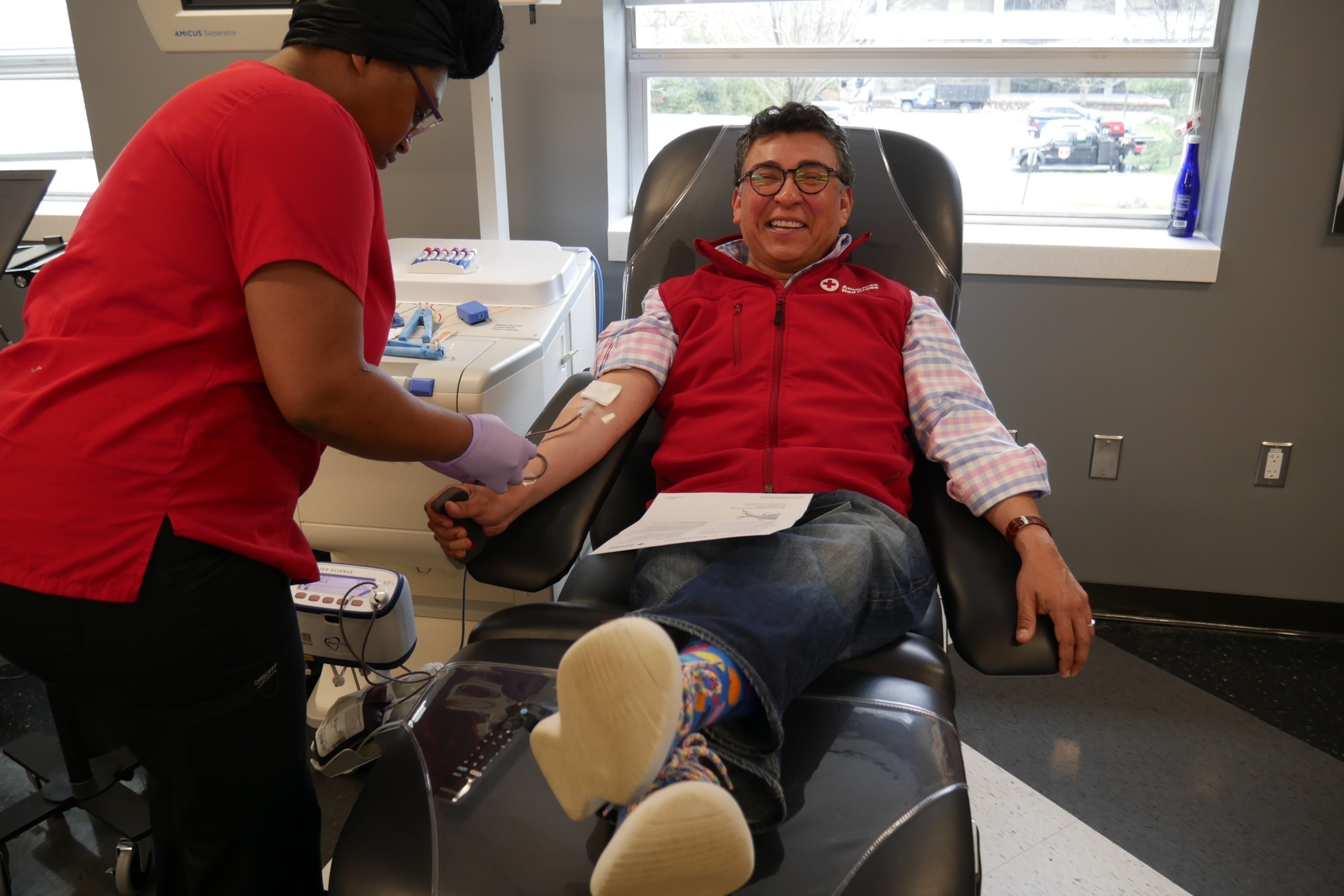 PHOTO: Dominguez donates blood for the first time ever in Greenwich, Connecticut, March 13, 2024.