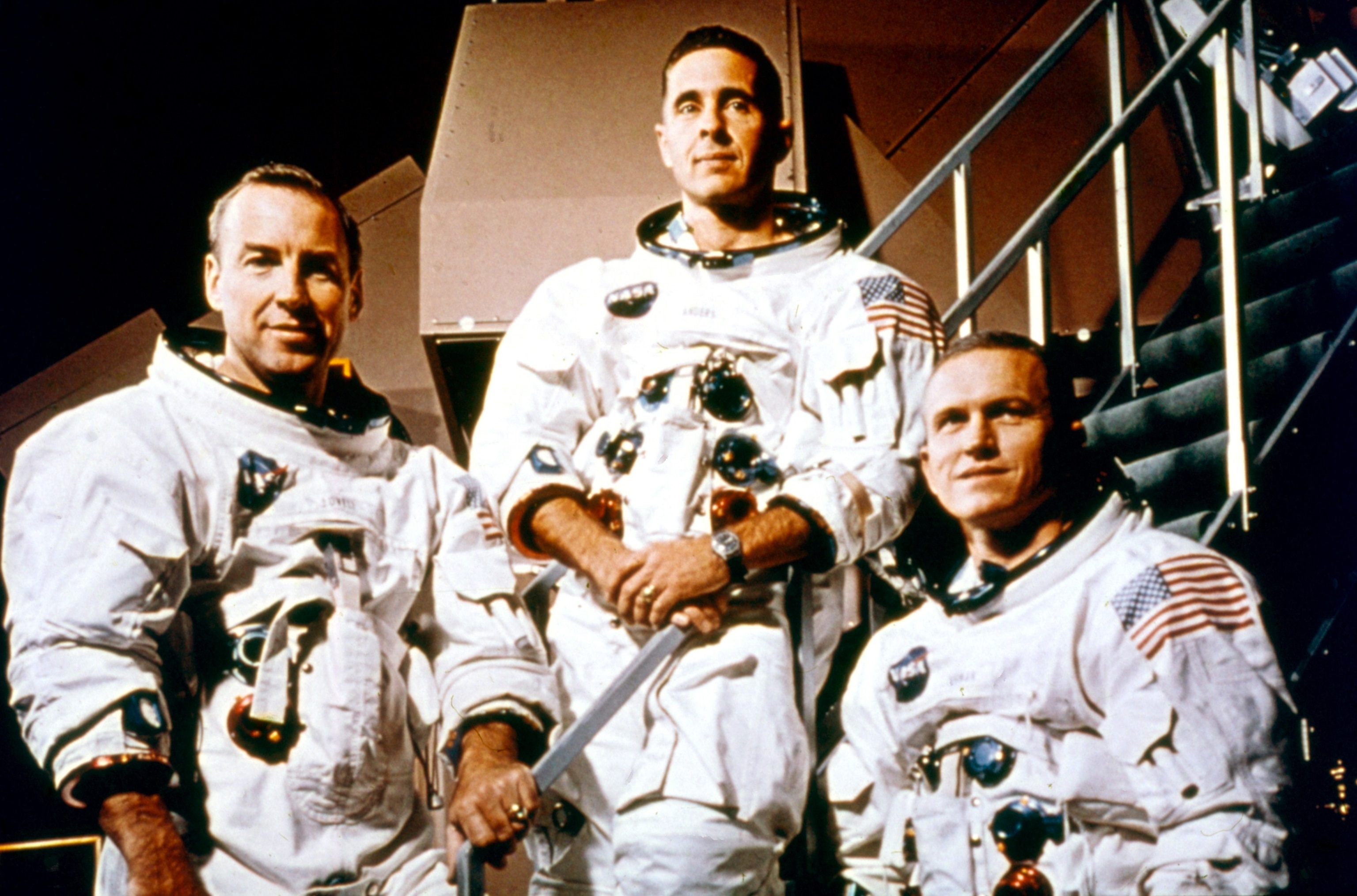 PHOTO: Portrait of the crew of NASA's Apollo 8, Florida, December 1968. Pictured are, from left, command module pilot James Lovell, lunar module pilot William Anders, and Commander Frank Borman.