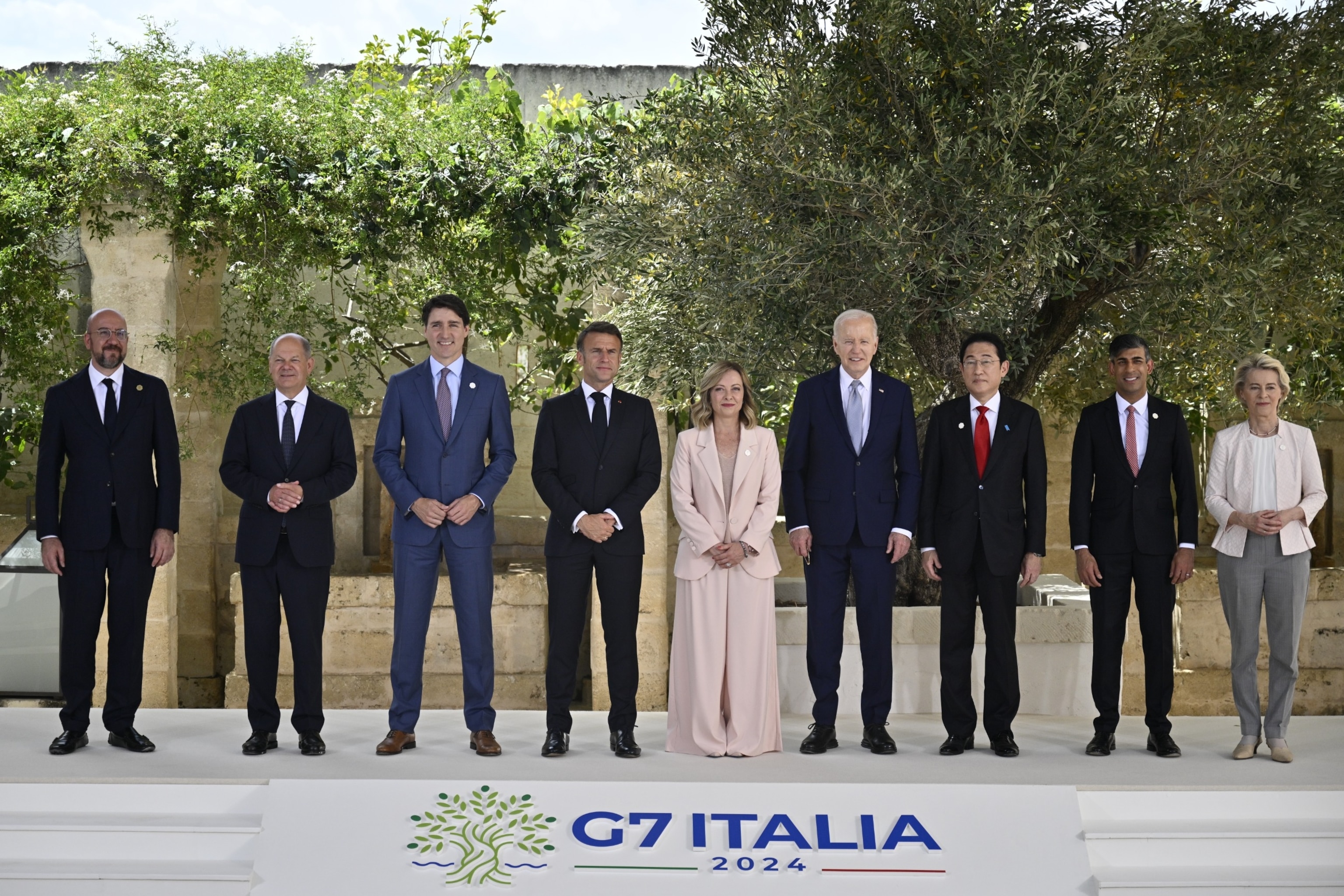 PHOTO: A family photo during a welcome ceremony on day one of the 50th G7 summit at Borgo Egnazia on June 13, 2024 in Fasano, Italy.