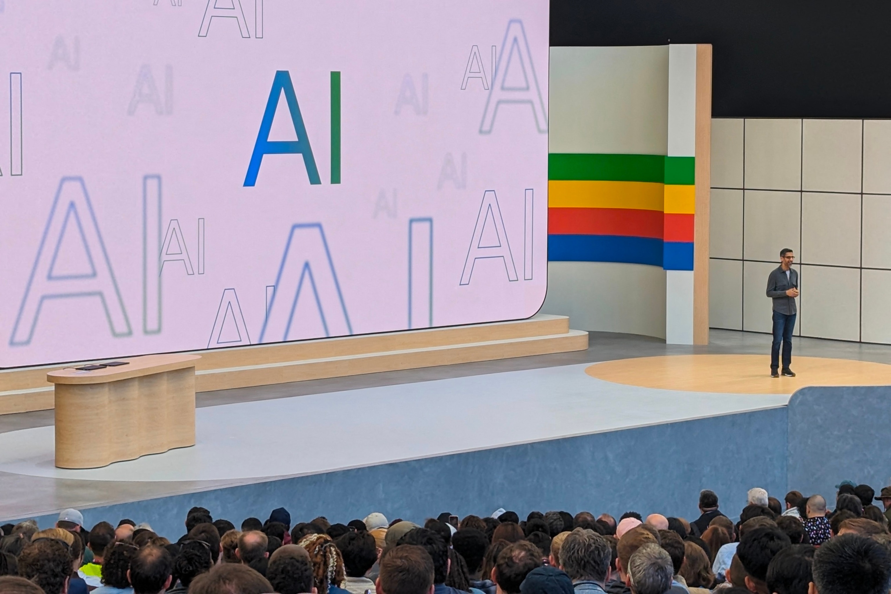 PHOTO: Google chief executive Sundar Pichai speaks during the tech titan's annual I/O developers conference on May 14, 2024, in Mountain View, California. 