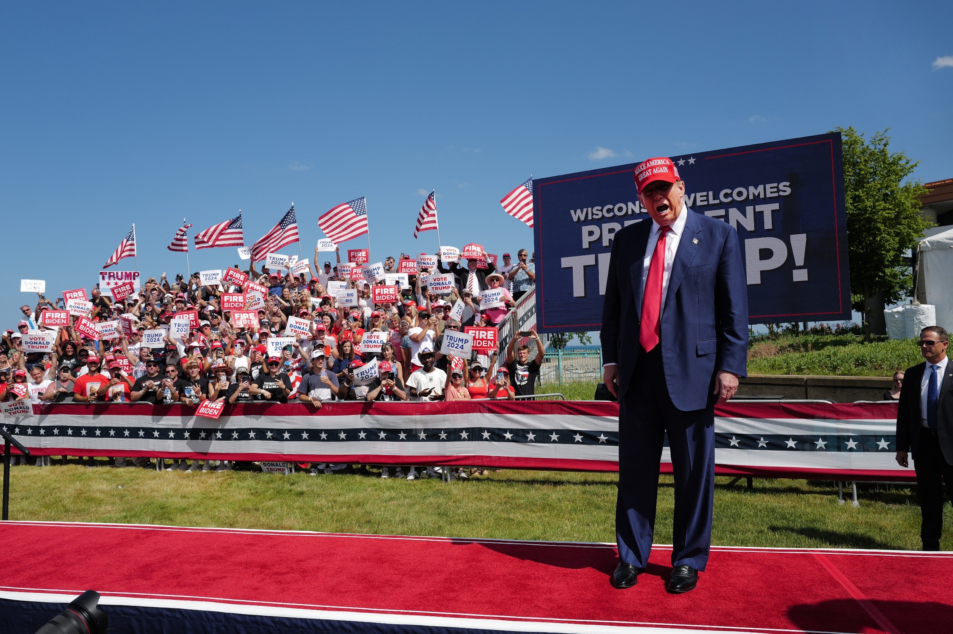 PHOTO: Republican presidential candidate former President Donald Trump arrives for a rally at Festival Park on June 18, 2024 in Racine, Wisconsin.