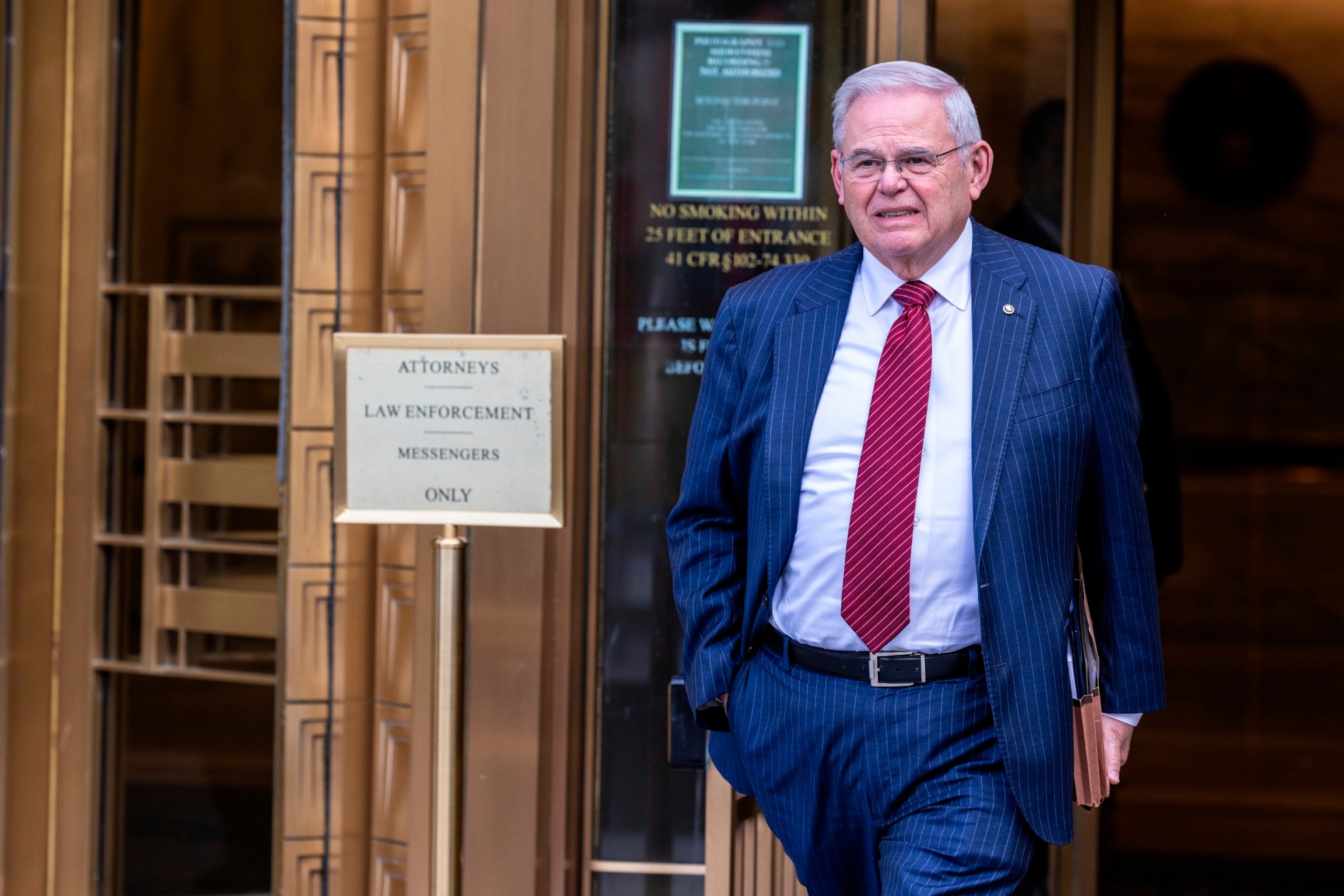 PHOTO: Sen. Bob Menendez leaves Manhattan federal court after hearing witness testimony during his trial, June 10, 2024, in New York. 