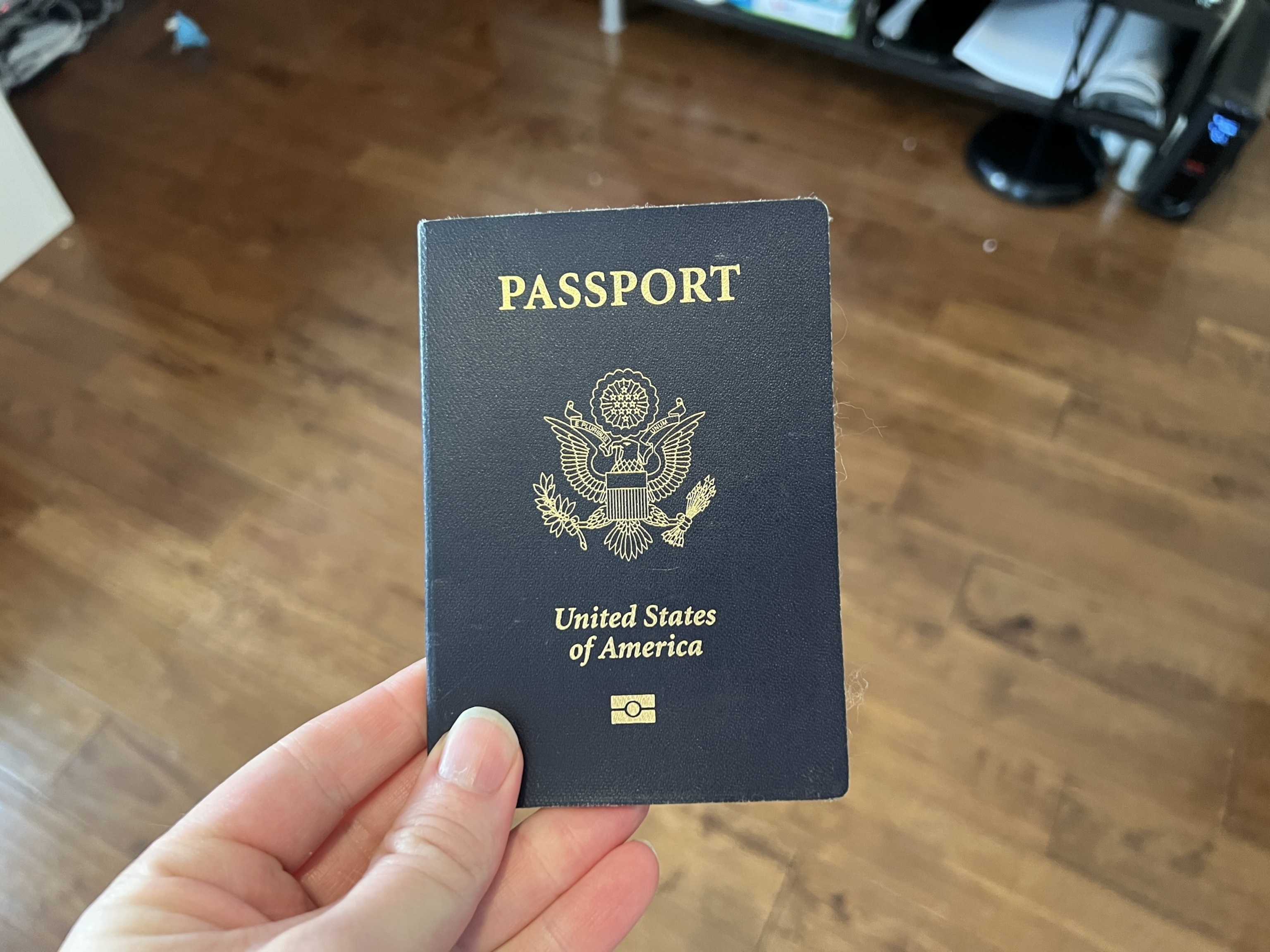 PHOTO: A person holds a United States passport with Department of State logo visible, Lafayette, CA, May 23, 2023. 