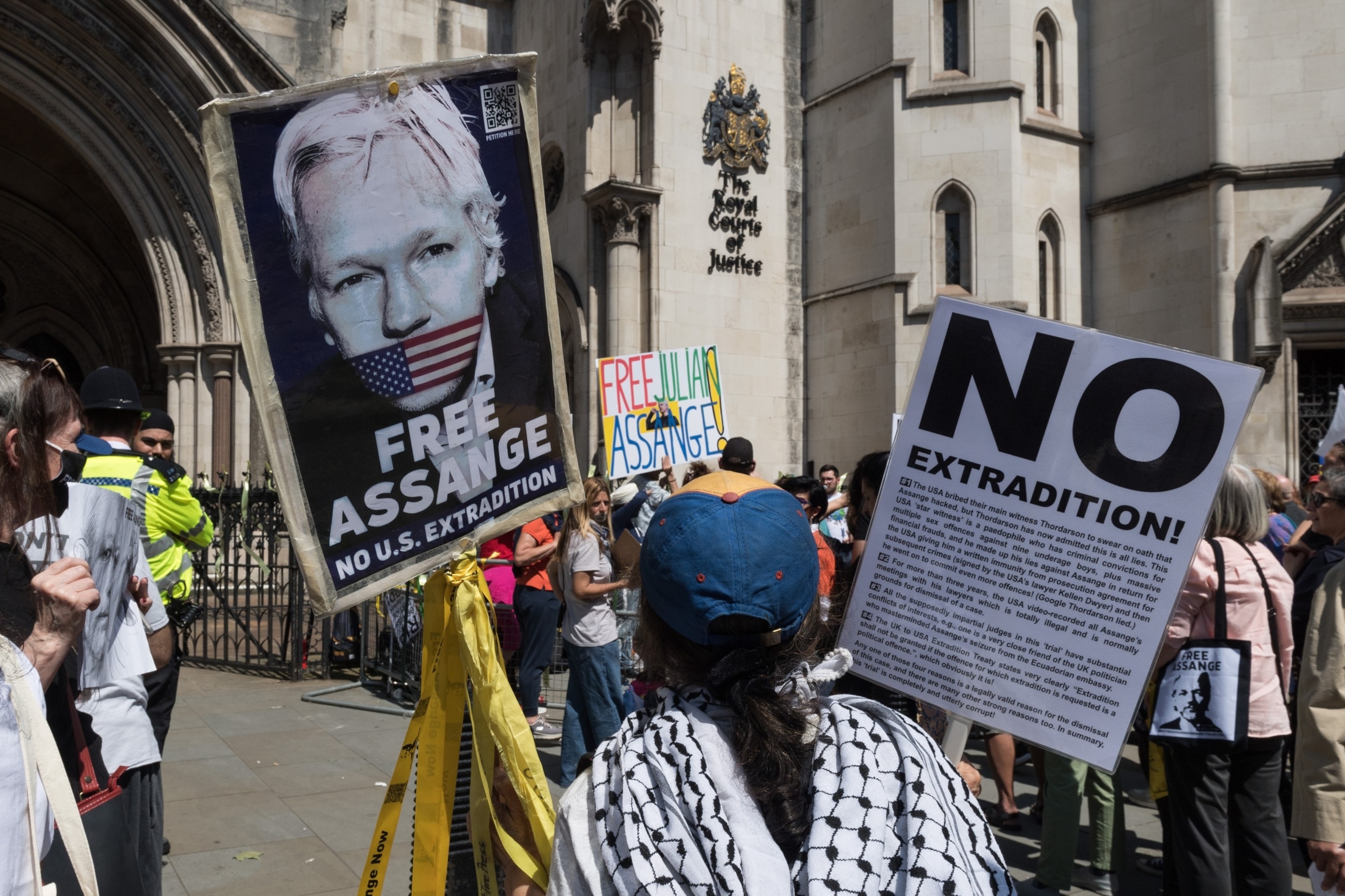 PHOTO: Supporters of Julian Assange demonstrate outside the Royal Courts of Justice as the High Court is set to deliver a ruling whether Assange can appeal against the US's extradition order in London, United Kingdom on May 20, 2024.