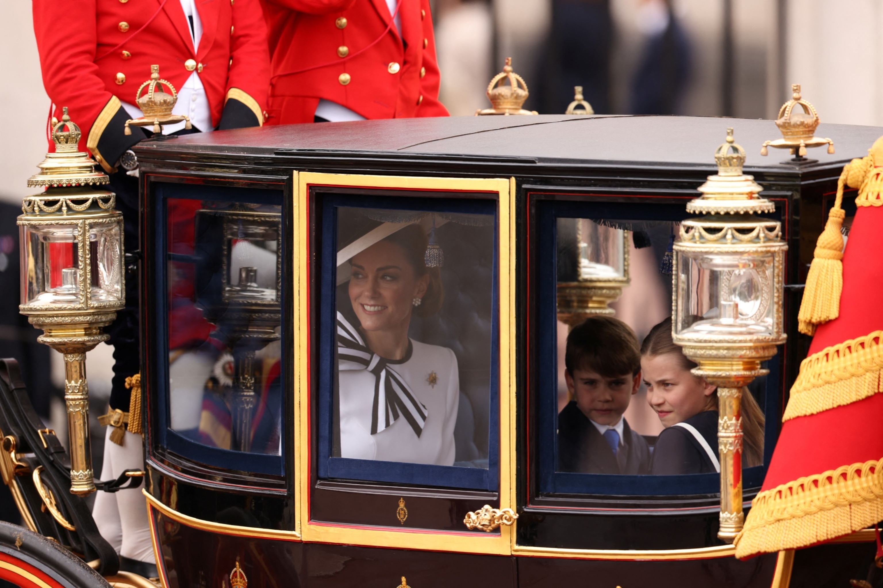 PHOTO: Britain's Catherine, Princess of Wales, Prince George, Princess Charlotte and Prince Louis attend the Trooping the Colour parade to honour Britain's King Charles on his official birthday in London, June 15, 2024. 