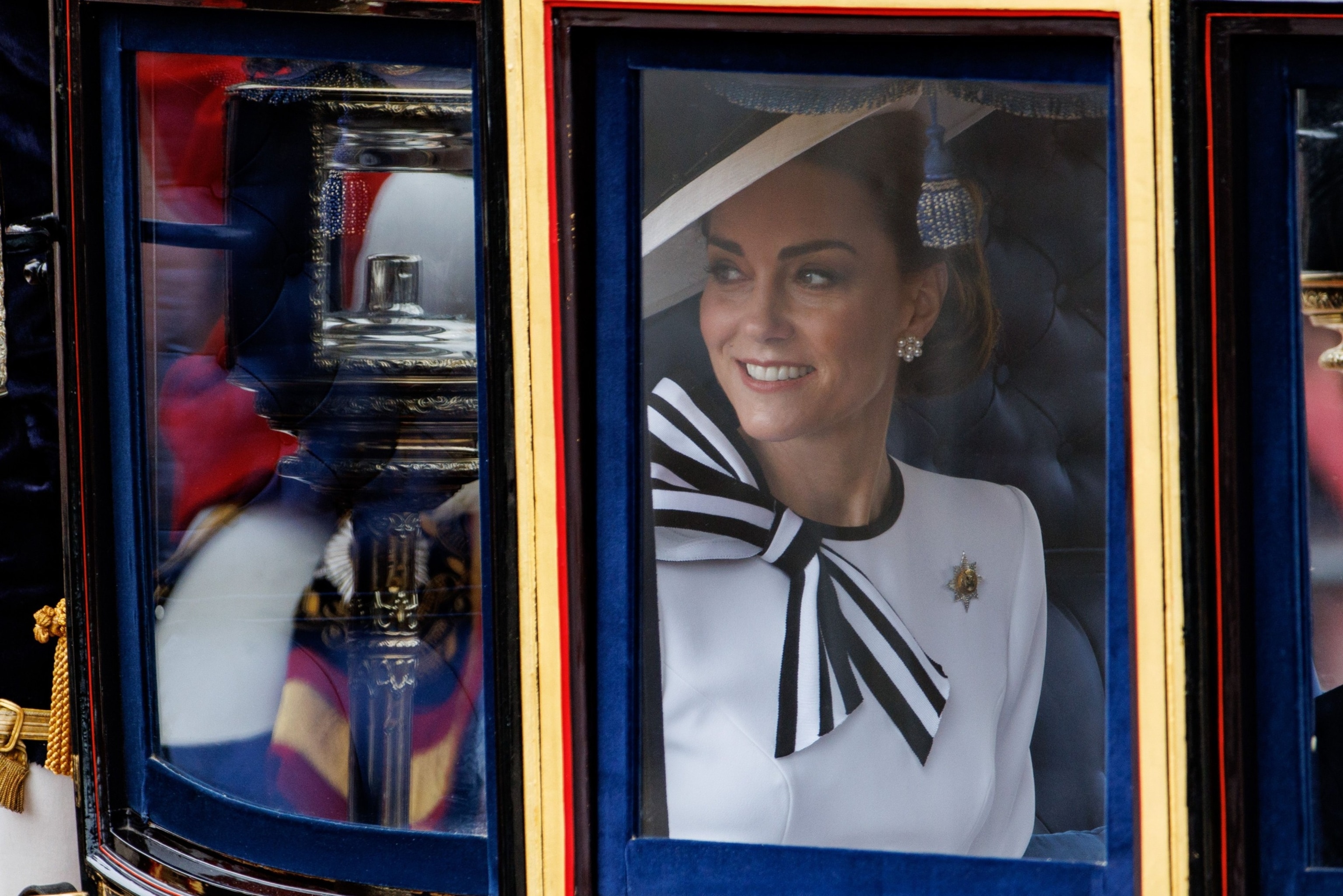 PHOTO: Britain's Catherine Princess of Wales travels from Buckingham Palace to Horse Guards Parade inside a carriage during the Trooping the Colour parade in London, June 15, 2024.