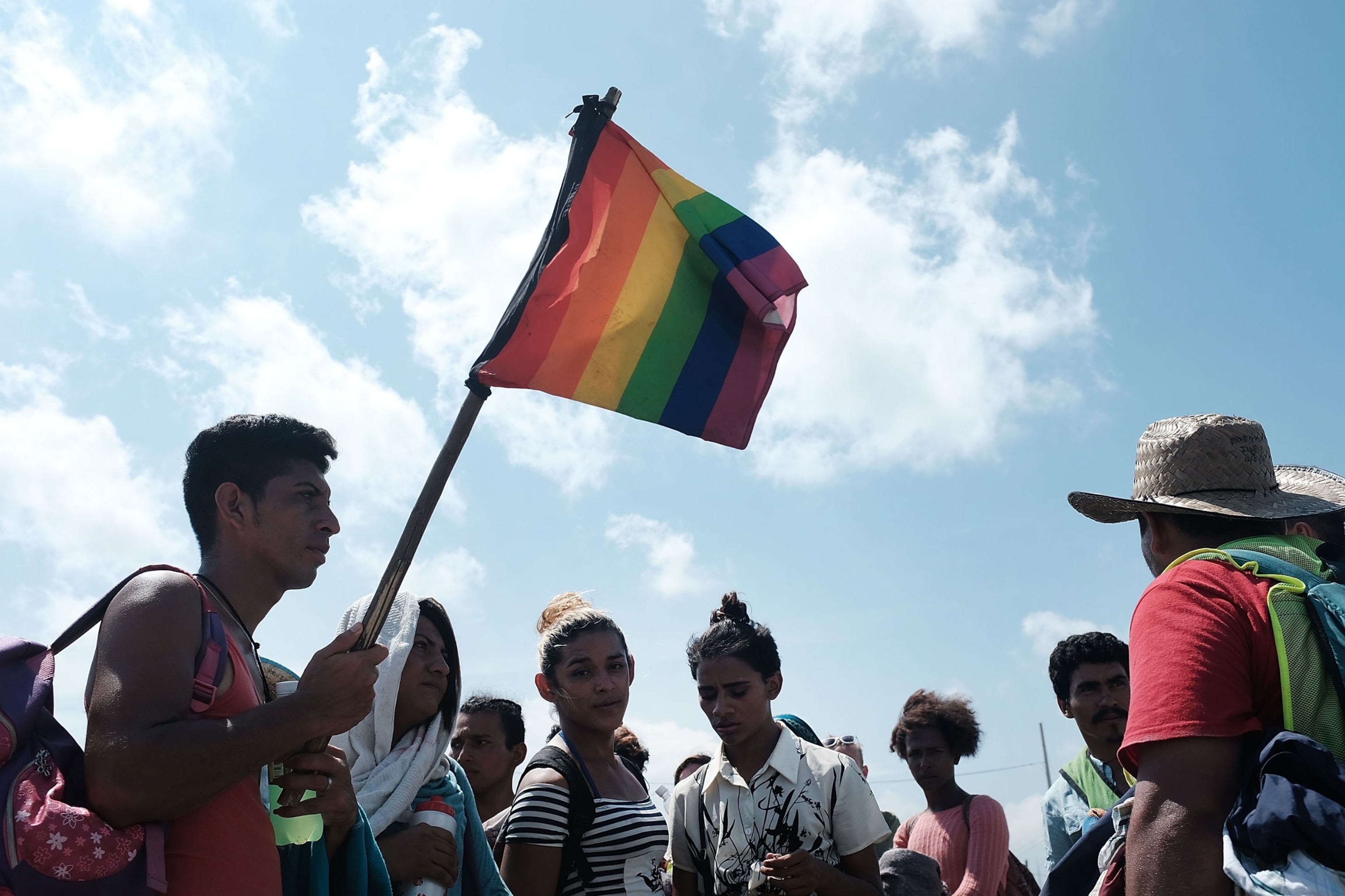 PHOTO: Members of an LGBT group traveling with the other Central American migrant caravan wait for a ride on Nov. 01, 2018 in Juchitan de Zaragoza, Mexico. 