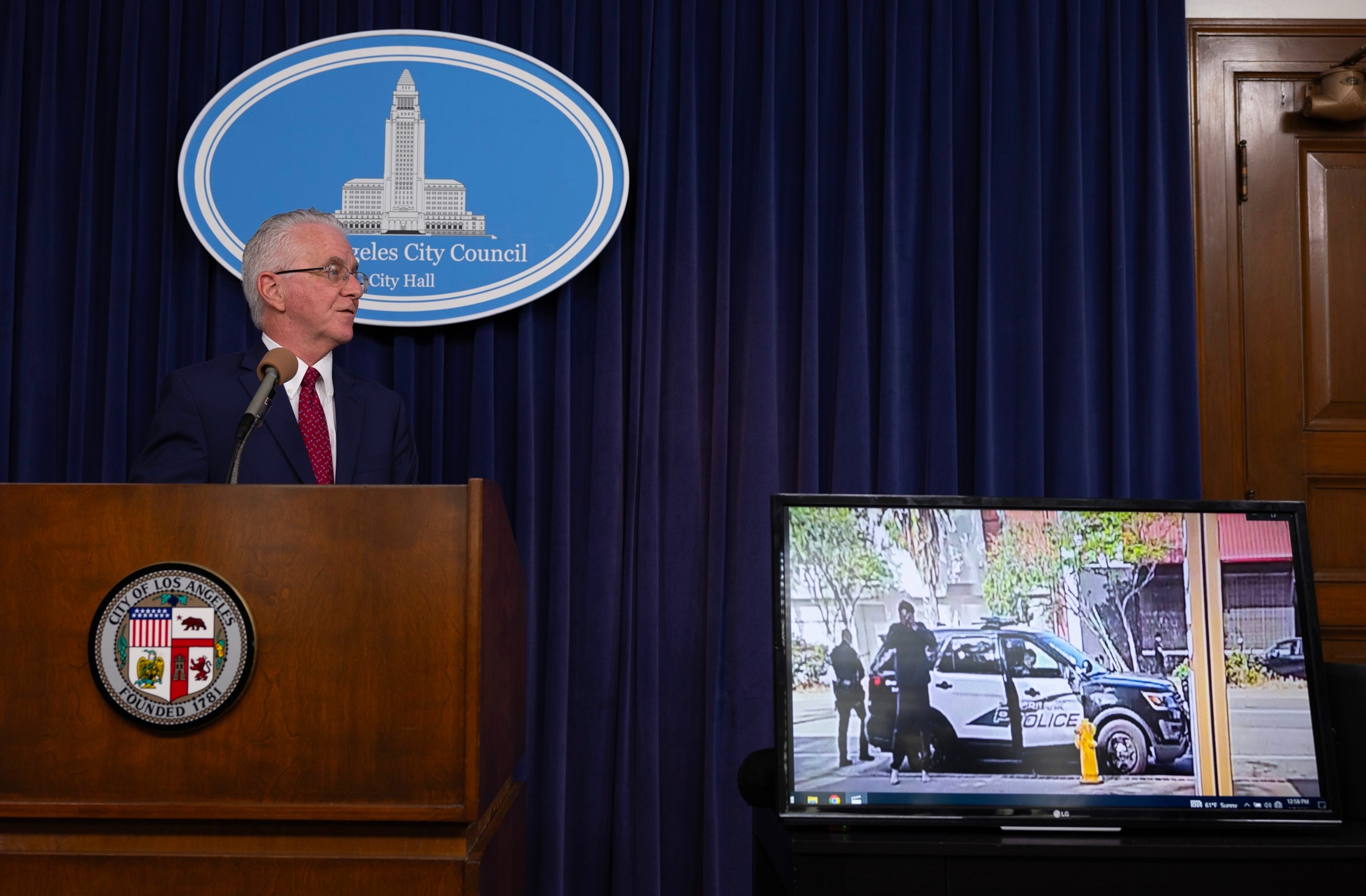 PHOTO: L.A. City Councilman Paul Krekorian speaks at a press conference at City Hall in Los Angeles, on June 7, 2024.  