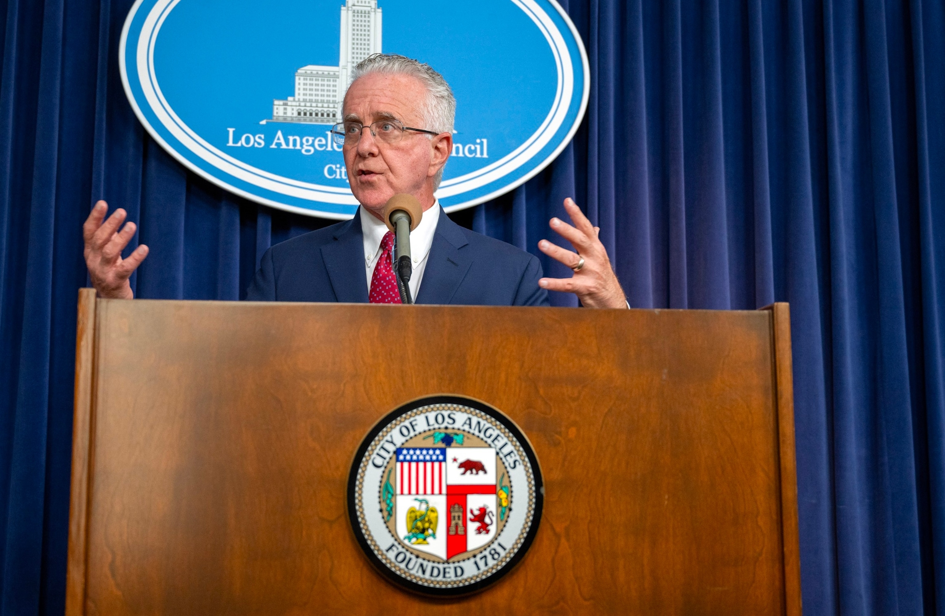 PHOTO: L.A. City Council President Paul Krekorian during a press conference at city hall  in Los Angeles, on June 7, 2024.