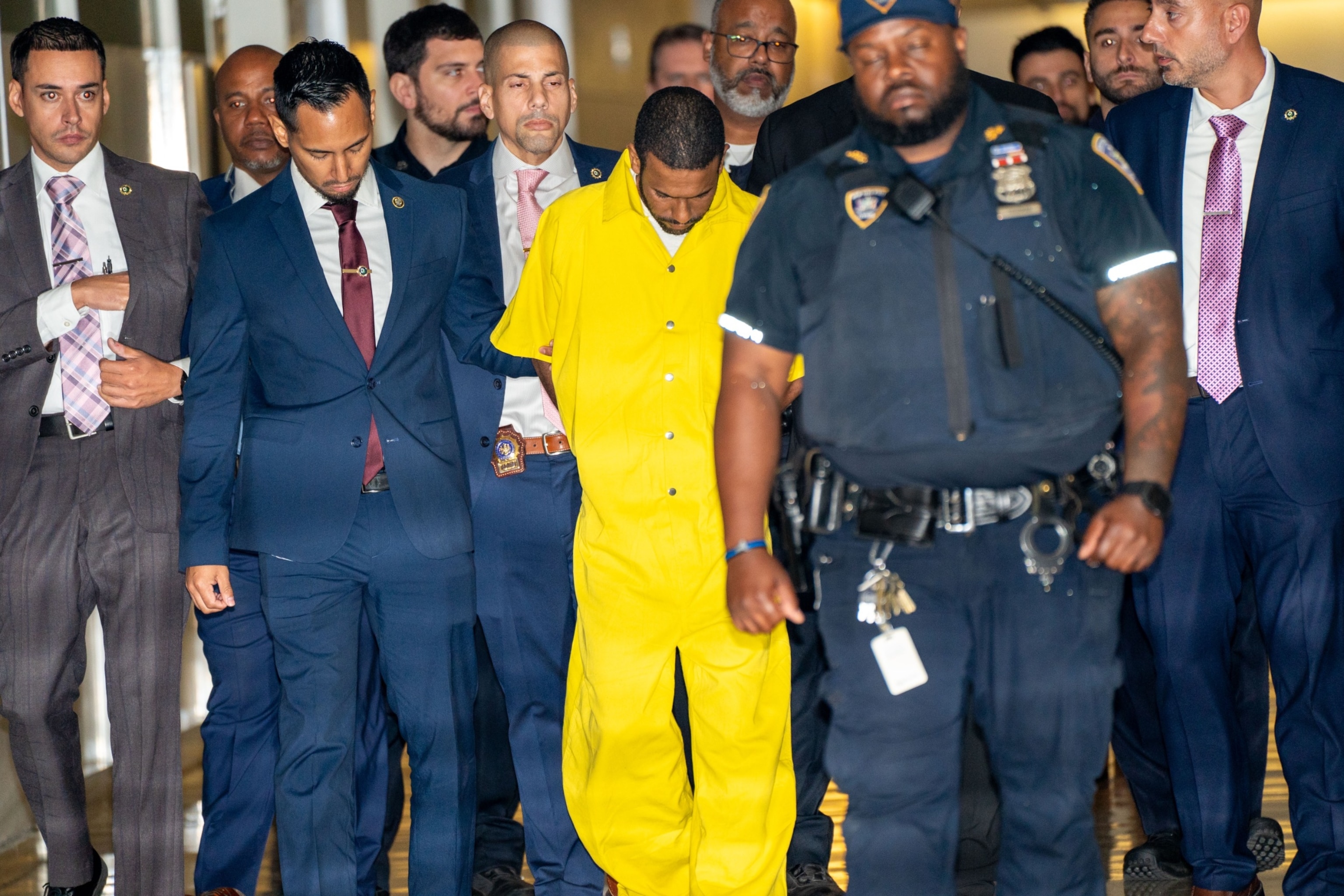 PHOTO: *FILE* - Bronx Daycare owner Grei Mendez and her husband Felix Herrera-Garcia (pictured in yellow) and her cousin Carlisto Acevedo-Brito appeared in Court today with the parents of deceased 1yr old boy Nicholas Dominici in the Bronx Oct. 5, 2023.