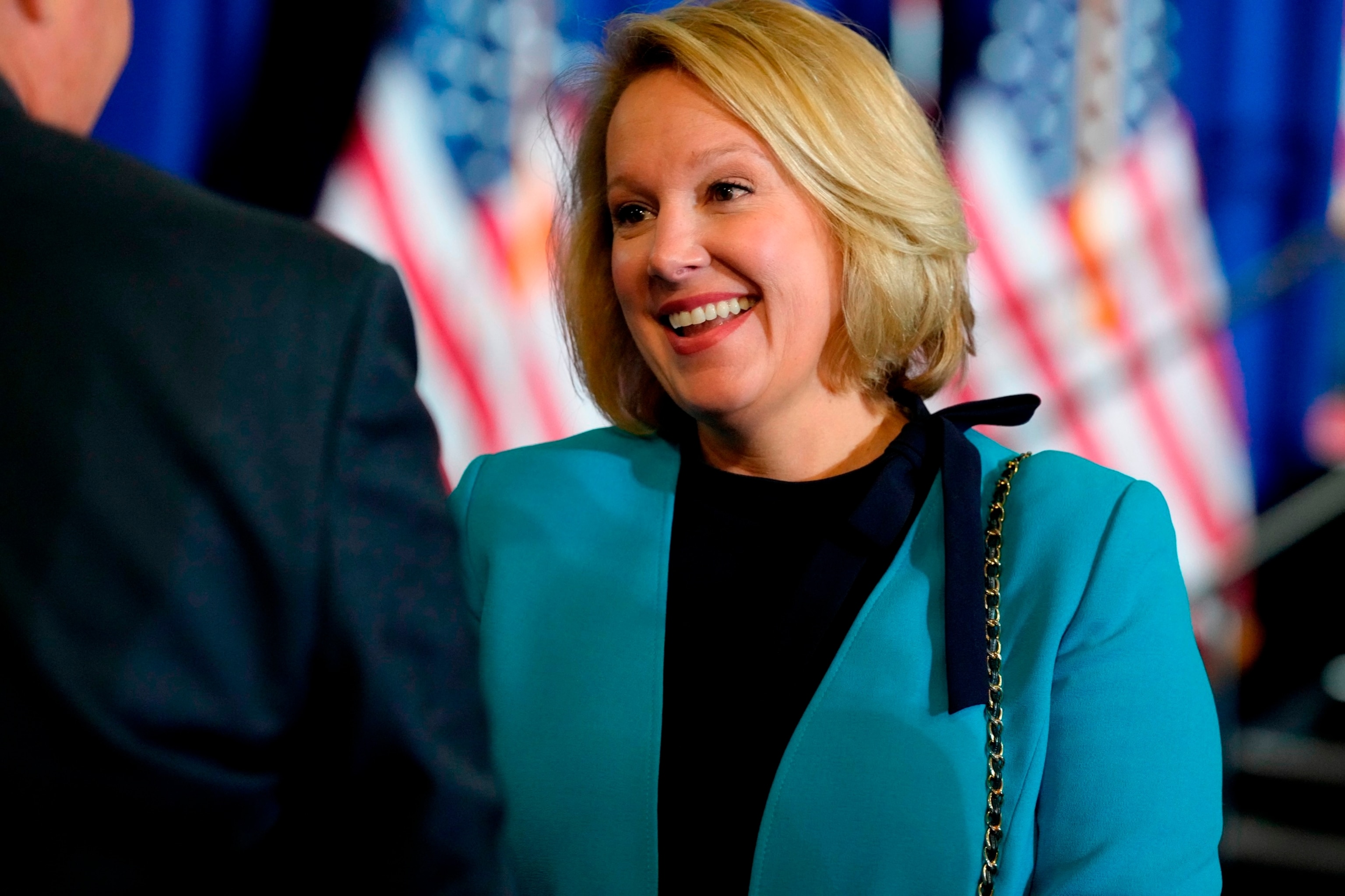 PHOTO: Former South Carolina gubernatorial candidate Catherine Templeton speaks with an attendee at a campaign rally for former President Donald Trump, Feb. 14, 2024, in North Charleston, S.C.