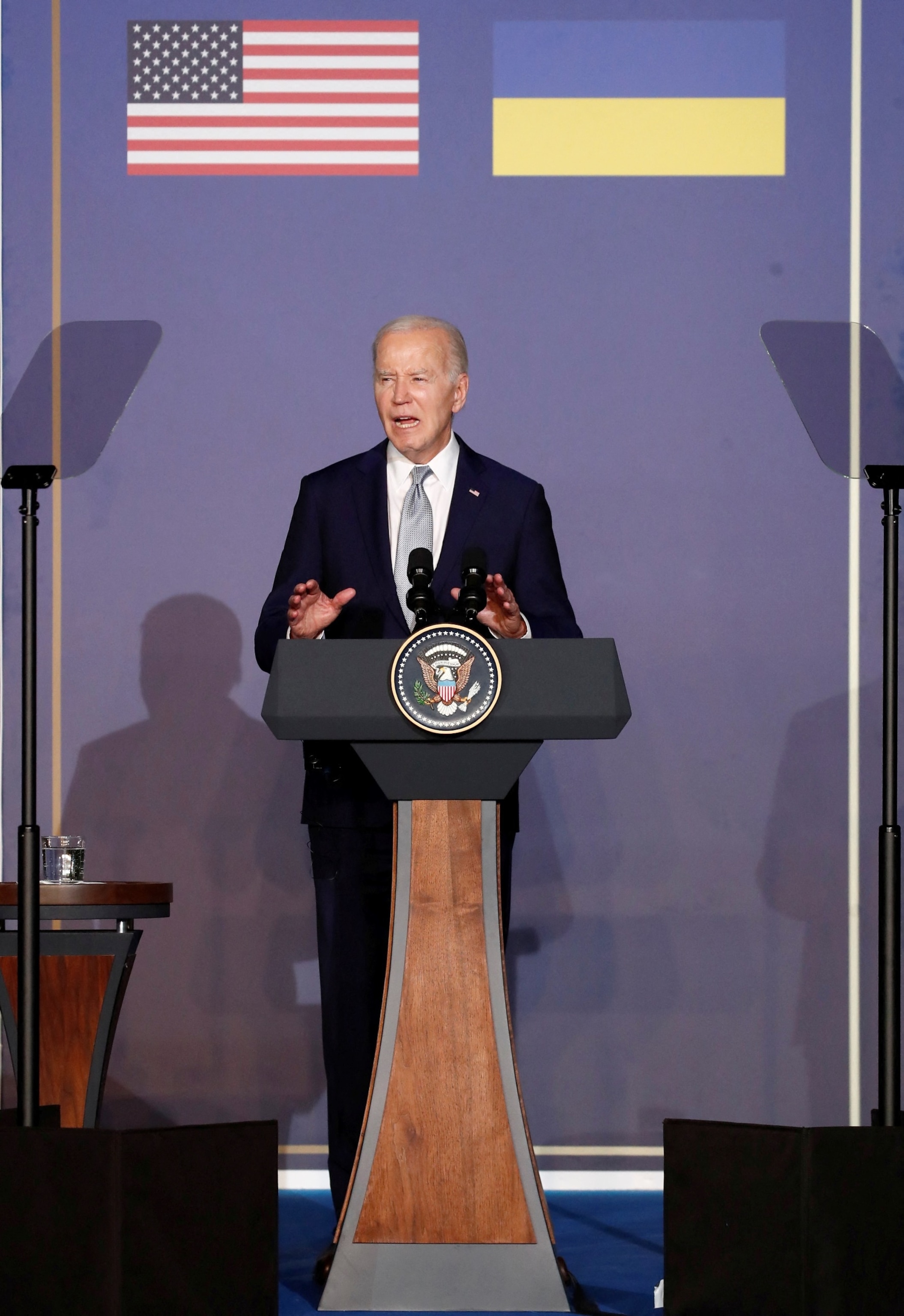 PHOTO: President Joe Biden speaks as he holds a press conference alongside Ukrainian President Volodymyr Zelenskiy after a bilateral meeting on the sidelines of the G7 summit, in Fasano, Italy, June 13, 2024.