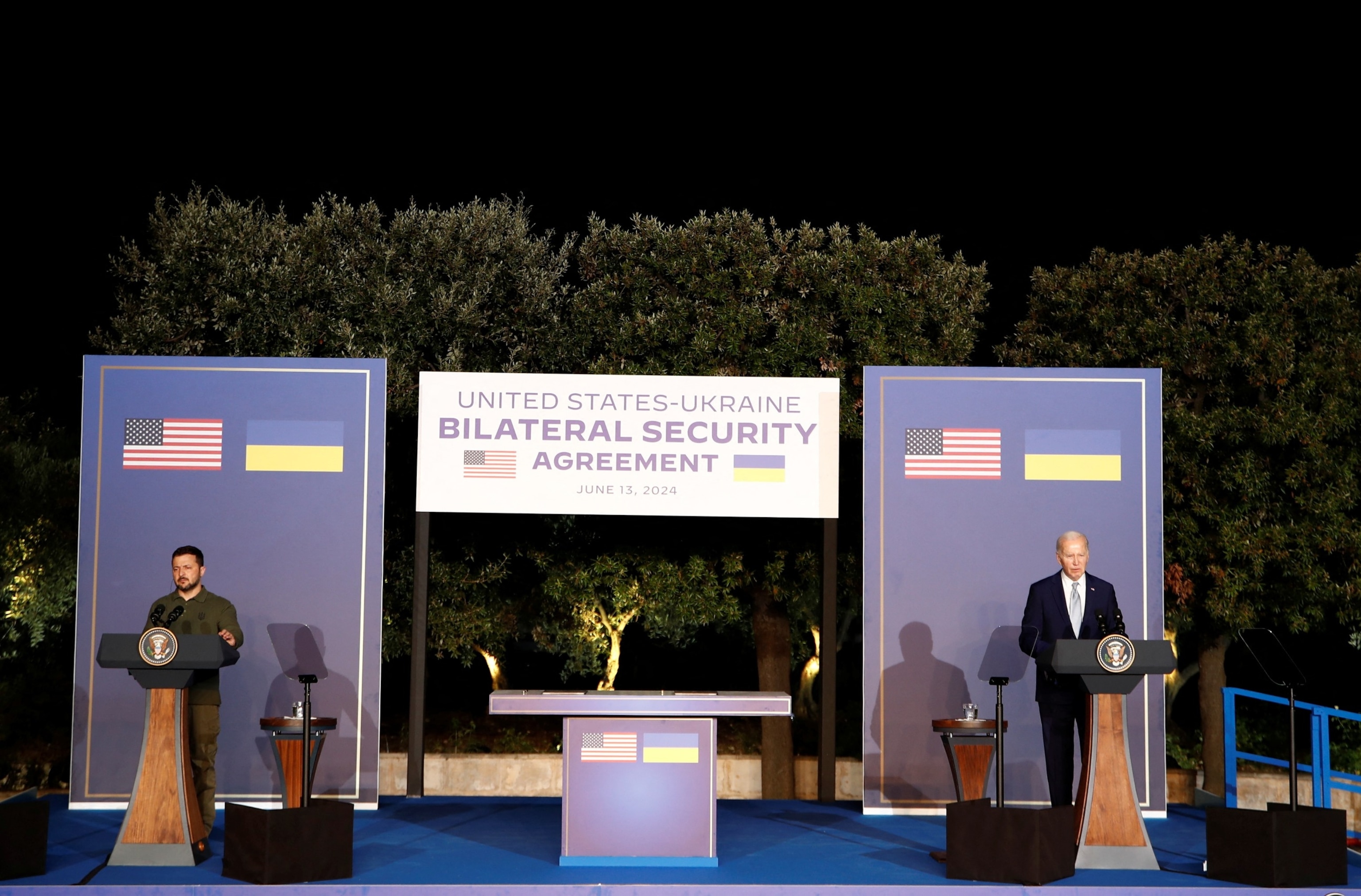 PHOTO: President Joe Biden and Ukrainian President Volodymyr Zelenskiy attend a press conference after a bilateral meeting on the sidelines of the G7 summit, in Fasano, Italy, June 13, 2024.